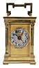France, carriage clock, 8 day, time and strike counting the hours on a gong, spring driven movement with lever platform in an Anglaise case with fluted pilasters and and set with beveled glasses, gilt mask reading in part "Mappin & Webb Ltd. / 172 Regent St." surrounding a silvered dial with Arabic numerals, blued steel hands.
