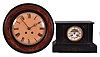Clocks- 2 (French): (1) France, wall clock, 8 day, time and gong strike, square Morbier style spring driven movement in an octagonal ebonized wood case with round grain-painted bezel holding a convex glass over a papered metal dial with Roman numerals and Breguet style hands, c1890. (2) Marti & Cie, Paris, mantel clock, 8 day, time and bell strike, spring driven movement with exposed Brocot escapement in an incised black slate case with a stepped and molded base, sunk dial surrounded by a white enamel chapter ring with Roman numerals, blued steel Breguet style hands, c1880.