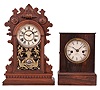 Clocks- 2 (Two) (1) Chauncey Jerome, New Haven, Conn., 8 day, time and strike "Union" model fusee-spring shelf clock, c1850. (2) Wm. L. Gilbert Clock Co., Winsted, Conn., "Medea" shelf clock with a spring driven, 8 day, time and strike movement in a walnut case, c1891.