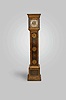 England, dwarf tall clock, 8 day, time and strike, weight driven five posted movement in an oyster wood veneered case with marquetry inlay on door and string inlay on sides of case and barley twist column flanking hood door. The brass dial has silvered chapter ring, brass corner spandrels and matted brass center with early serpentine hands.