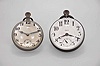 Paperweight clocks- 2 (Two), one marked "Octavia Watch Co.", both with spherical, colorless glass cases and Swiss eight day lever movements, one with Arabic numeral, double sunk white enamel dial, the other with Arabic numeral metal dial, 69mm, 77mm, c1910