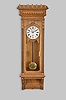 William L. Gilbert Clock Co., Winsted, Conn., "Regulator No. 11" wall hanging clock with a two weight 8 day, timepiece movement in an oak case with burl accents.
