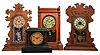 Clocks- 4 (Four): (1) Ansonia Clock Co., New York, "Berkeley" shelf clock with a spring driven, 8 day, time and strike movement in a walnut case, c1900. (2) Waterbury Clock Co., Waterbury, Conn., "Newburgh" shelf clock with a spring driven, 8 day, time and strike movement in an oak case, c1900. (3) Seth Thomas Clock Co., Thomaston, Conn., "Albion" shelf clock with a spring driven, 8 day, time and strike movement in a walnut case, c1880. (4) Waterbury Clock Co., Waterbury, Conn., unidentified model shelf clock with an spring driven, 8 day, time and rack strike movement in an enameled iron case, c1900.