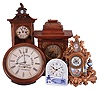 Clocks- 5 (Five): (1) French, 8 day, time and strike, spring brass movement mantel clock, c1900 (2) English, 8 day, spring brass movement gallery timepiece with dial advertising "SCOTLAND'S BEST / Single Malt / Scotch Whiskey / No Hangover!", c1900. (3) German, Adolph Stern, Schramburg, 30 hour, time and strike, spring brass movement small wall clock, c1920 (4) German 8-day timepiece in Delft-style ceramic front wall case c1930 (5) German, Etzold & Popitz, Leipzig Germany, 8 day, time and strike, spring brass movement shelf clock, c1900