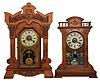 Clocks- 2 (Two): (1) Seth Thomas Clock Co., Thomaston, Conn., "Giants, No. 1" shelf clock with a spring driven, 8 day, time, half hour strike and alarm movement in an oak case, c1904.) (2) Seth Thomas Clock Co., Thomaston, Conn., "Buffalo" shelf clock with a spring driven, 8 day, time, strike and alarm movement in a walnut case, c1886.