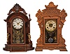 Clocks- 5 (Five): (1) William L. Gilbert Clock Co., Winsted, Conn., "Occidental", 8 day, time and strike, spring brass movement shelf clock, c1891 (2) Seth Thomas Clock Co., Thomaston, Conn., "Drop Octagon, 8 inch", 8 day, time and strike, spring brass movement small wall clock, c1928 (3) Seth Thomas Clock Co., Thomaston, Conn., "Giants, No. 3 ", 8 day, time, strike and alarm spring brass movement shelf clock, c1904 (4) Seth Thomas Clock Co., Thomaston, Conn., 8 day, spring brass movement calendar short drop wall timepiece, c1910 (5) Seth Thomas Clock Co., Thomaston, Conn., "Office 11", 30 day, spring brass movement wall timepiece, c1921