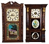 Clocks- 3 (Three): Seth Thomas Clock Co., Thomaston, Conn., "Parlor Calendar No. 3", 8 day, time and strike, spring brass movement double dial calendar clock, c1900 (2) Riley Whiting, Winchester, Conn., 30 hour, time and strike, weight wood movement carved column & carved eagle splat shelf clock, c1830 (3) Seth Thomas Clock Co., Thomaston, Conn., 8 day, time and strike, weight brass movement column & cornice shelf clock, c1870