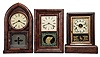 Clocks- 3 (Three): (1) Brewster and Ingrahams, Bristol, Conn., Round Gothic shelf clock with a spring (brass) driven, 8 day, time and strike movement in a mahogany veneered case, c1848. (2) Seth Thomas Clock Co., Thomaston, Conn., "Round Band" shelf clock with a spring driven, 8 day, time and strike movement in a mahogany veneered case, c1885. 3) Seth Thomas Clock Co., Thomaston, Conn., Cottage shelf clock with a spring driven, 30 hour, time and strike movement in a rosewood veneered case, c1885.