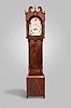 Unsigned New York or New Jersey, tall clock, 8 day, time and strike, weight driven movement in a inlaid mahogany case with high broken arch pediment top on hood with pressed brass rosettes and three brass finials. The painted metal dial is flanked by tapering full reeded columns with brass capitals up front and reeded quarter columns in the rear. The trunk has a crotch mahogany door flanked by similar full reeded columns over a crotch mahogany base framed by contrasting mahogany veneer resting on straight bracket feet.