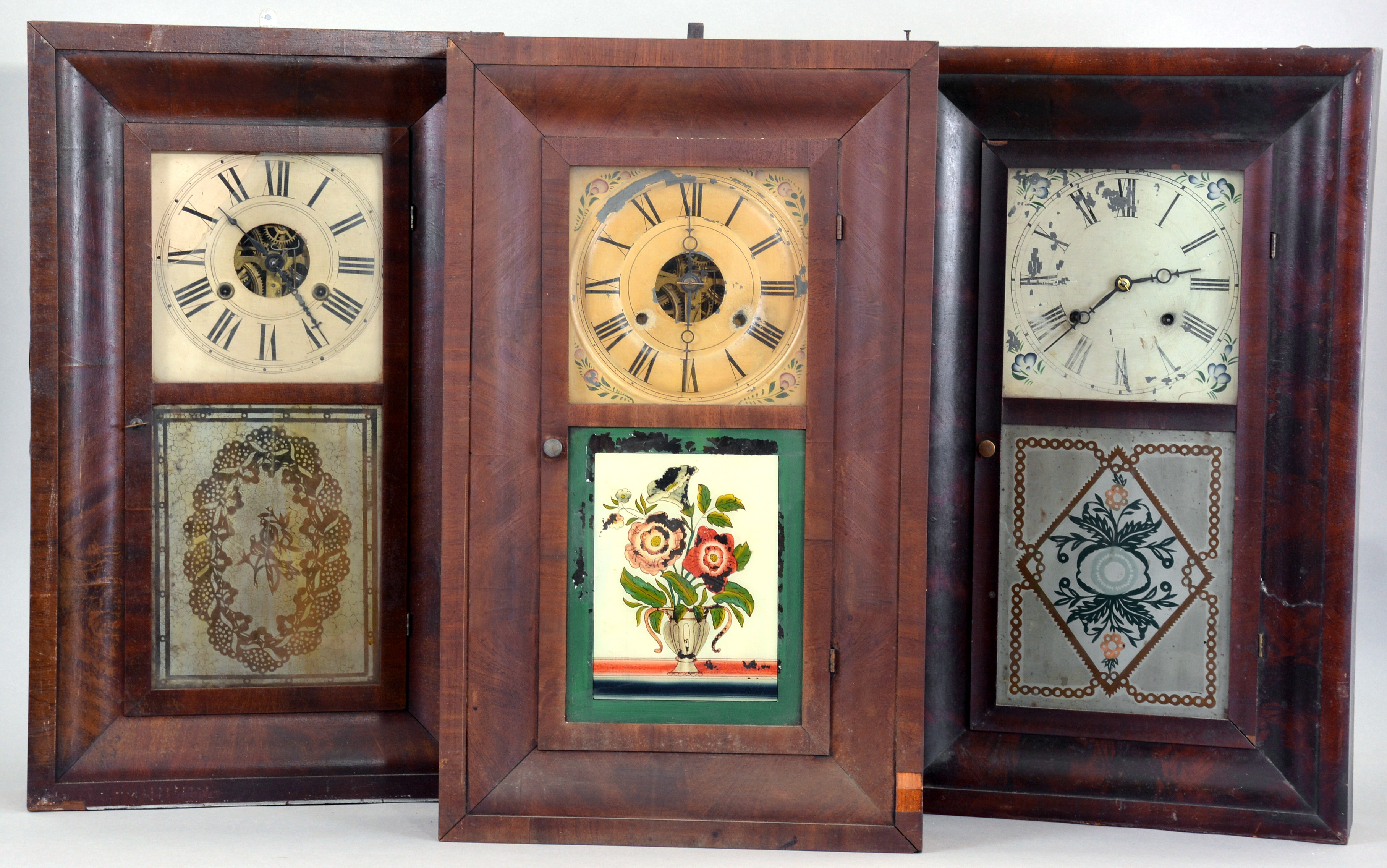 Clocks- 6 (Six): (1) C. &amp; H. S. Sawyer, Colebrook River, Conn., 30 hour, time and strike, weight brass movement OG shelf clock, c1840; (2) Alden A. Atkins, Bristol, Conn., 30 hour, time and strike, weight brass movement OG shelf clock, c1842. (3) Chauncey Jerome, New Haven, Conn., 30 hour, time and strike, weight brass movement OG shelf clock, c1845. (4) Morse &amp; Co., Plymouth Hollow, Conn., 30 hour, time and strike, weight brass movement OG shelf clock, c1850 (5) Seth Thomas Clock Co., Plymouth Hollow Hollow, Conn., 30 hour, time and strike, weight brass movement OG shelf clock, c1860 (6) Chauncey Jerome, New Haven, Conn., 30 hour, time and strike, weight brass movement OG shelf clock, c1850 — Antique Clocks Price Guide
