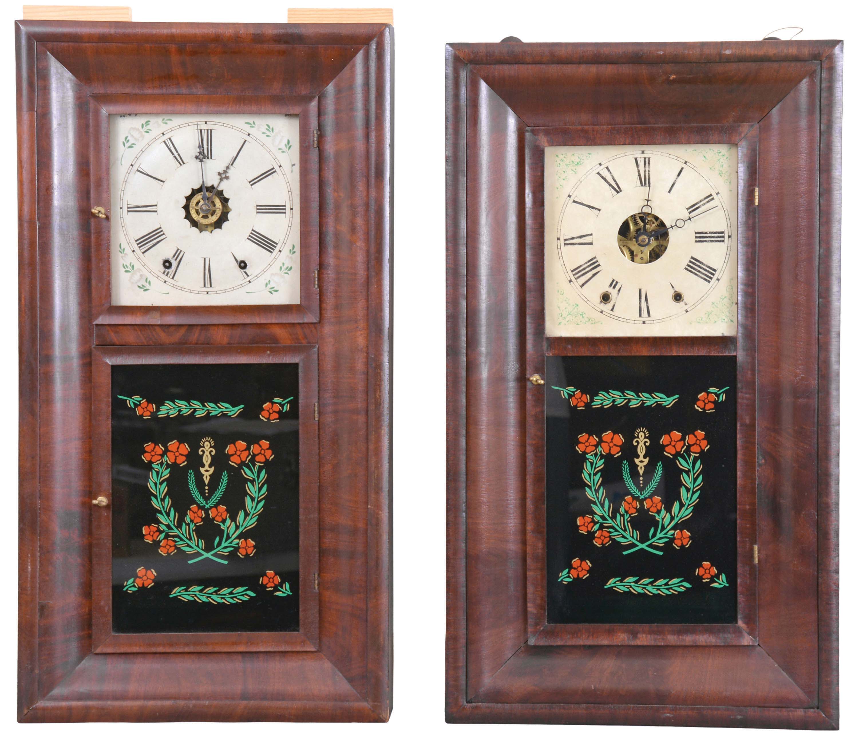 Clocks- 8 (Eight): (1) Frank &amp; Co., New York, 30 hour, time and strike, weight OG shelf clock, c1850; (2) Terry &amp; Andrews, Bristol, Conn., 30 hour, time and strike, weight brass movement OG shelf clock, c1850. (3) Unknown, 30 hour, time and strike, weight OG shelf clock, c1850 (4) H. Welton &amp; Co., Terrysville, Conn., 30 hour, time and strike, weight brass movement OG shelf clock, c1840 (5) Wm. L. Gilbert Clock Co., Winsted, Conn., 30 hour, time and strike brass movement OG shelf clock, c1860. (6) New Hartford Mfg. Co., New Hartford, Conn., 30 hour, time and strike, weight brass movement OG shelf clock, c1855. (7) William S. Johnson, New York, 8 day, time and strike, weight brass movement OG shelf clock, c1850. (8) William L. Gilbert Clock Co., Winsted, Conn., 8 day, time and strike, weight brass movement OOG shelf clock, c1860 — Antique Clocks Price Guide