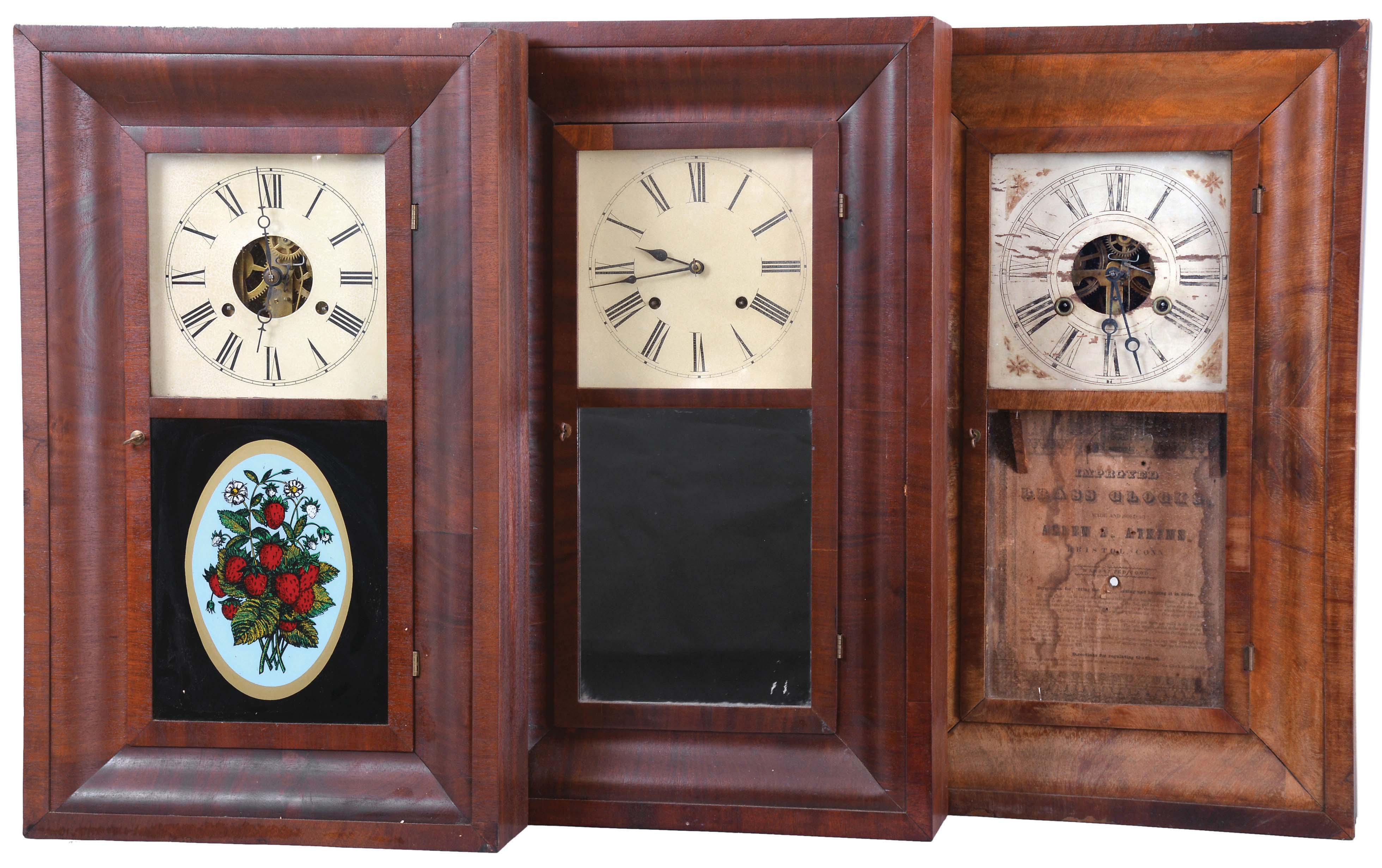 Clocks- 8 (Eight): (1) Atkins, Porter &amp; Co., Bristol, Conn., 30 hour, time and strike, weight brass movement OG shelf clock, c1845; (2) William S. Johnson, New York, 30 hour, time and strike, weight brass movement OG shelf clock, c1850 (3) E. N. Welch Mfg. Co., Forestville, Conn., 30 hour, time and strike, weight brass movement OG shelf clock, c1860. (4) Ansonia Clock Co., Ansonia, Conn., 30 hour, time and strike, weight brass movement OG shelf clock, c1860. (5) Seth Thomas Clock Co., Plymouth Hollow Hollow, Conn., 30 hour, time and strike, weight brass movement OG shelf clock, c1860. (6) H. Welton &amp; Co., Terrysville, Conn., 30 hour, time and strike, weight wood movement empty OG shelf clock case, c1840 (7) Smith &amp; Goodrich, Forestville, Conn., 30 hour, time and strike, weight brass movement OG shelf clock, c1850. (8) Alden A. Atkins, Bristol, Conn., 30 hour, time and strike, weight brass movement OG shelf clock, c1843. — Antique Clocks Price Guide