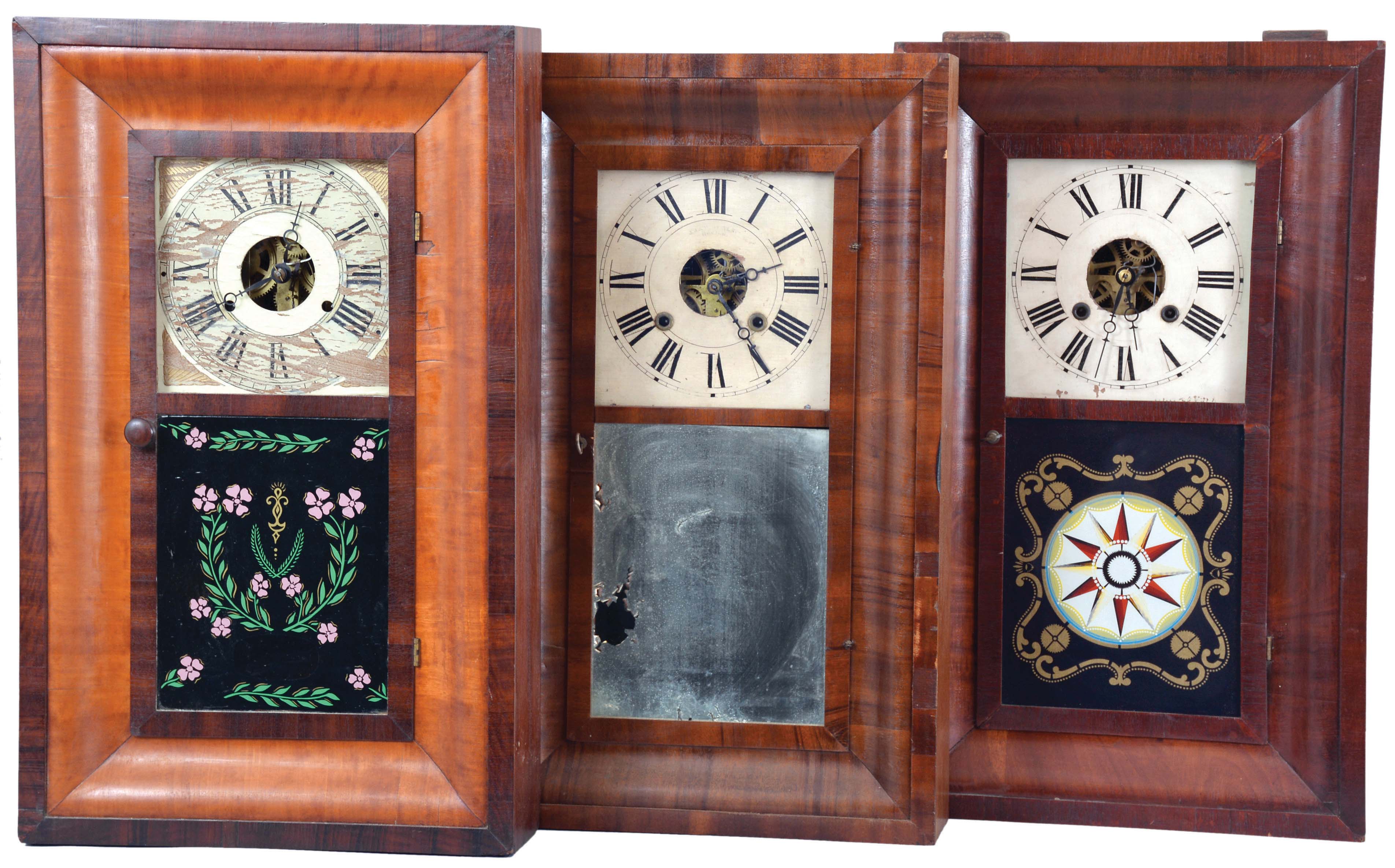 Clocks- 8 (Eight): (1) H. Welton &amp; Co., Terrysville, Conn., 30 hour, time and strike, weight brass movement OG shelf clock, c1840; (2) J. J. &amp; W. Beals, Boston, Mass., 30 hour, time and strike, weight brass movement OG shelf clock, c1850. (3) J. (Joel) Lane, Southington, Conn., 30 hour, time and strike, weight brass movement OG shelf clock, c1845. (4) E. N. Welch Mfg. Co., Forestville, Conn., 30 hour, time and strike, weight brass movement OG shelf clock, c1860. (5) Wm.L. Gilbert Clock, Winsted, Conn., 30 hour, time and strike, weight brass movement OG shelf clock, c1860. (6) Seth Thomas Clock Co., Thomaston, Conn., 30 hour, time, strike and alarm weight brass movement OG shelf clock, c1870. (7) Seth Thomas Clock Co., Thomaston, Conn., 30 hour, time and strike, weight brass movement OG shelf clock, c1870 (8) New Haven Clock Co., New Haven, Conn., 30 hour, time and strike, weight brass movement OG shelf clock, c1855. — Antique Clocks Price Guide