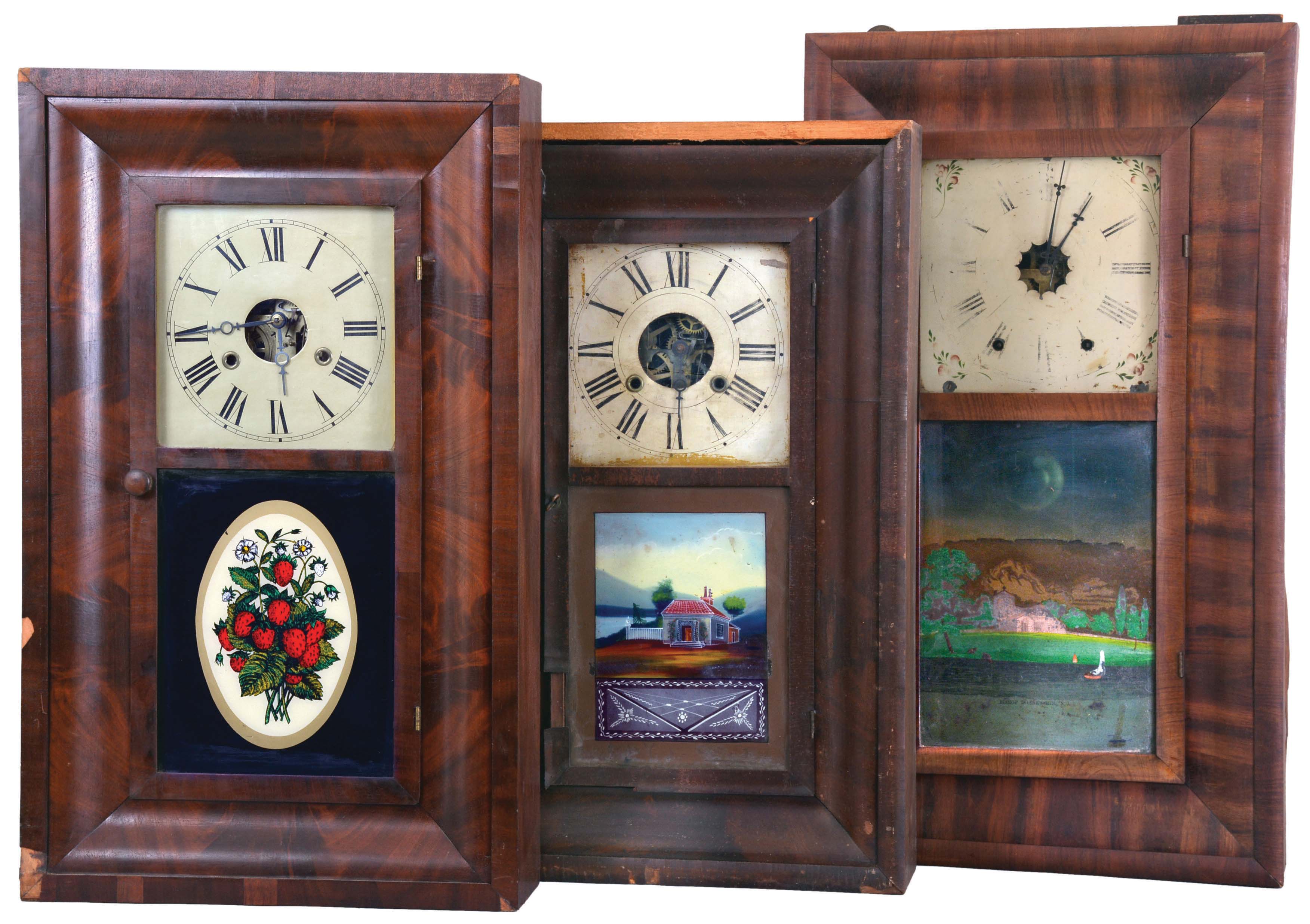 Clocks- 8 (Eight): (1) William S. Johnson, New York, 30 hour, time and strike, weight brass movement OG shelf clock, c1850; (2) Waterbury Clock Co., Waterbury, Conn., 8 day, time and strike, weight brass movement OG shelf clock, c1860 (3) Henry A. Miller, Southington, Conn., 30 hour, time and strike, weight brass movement OG shelf clock, c1832 (4) Brewster Manufacturing Co., Bristol, Conn., 30 hour, time and strike, weight brass movement OG shelf clock, c1855. (5) Waterbury Clock Co., Waterbury, Conn., 30 hour, time and strike, weight brass movement OG shelf clock, c1860 (6) Edward L. Dunbar, Bristol, Conn., 30 hour, time and strike, weight brass movement OG shelf clock, c1850. (7) H. Welton &amp; Co., Terrysville, Conn., 30 hour, time and strike, weight brass movement OG shelf clock, c1841 (8) Alanson Richards, Bristol, Conn., 30 hour, time and strike, weight brass movement OG shelf clock, c1840. — Antique Clocks Price Guide