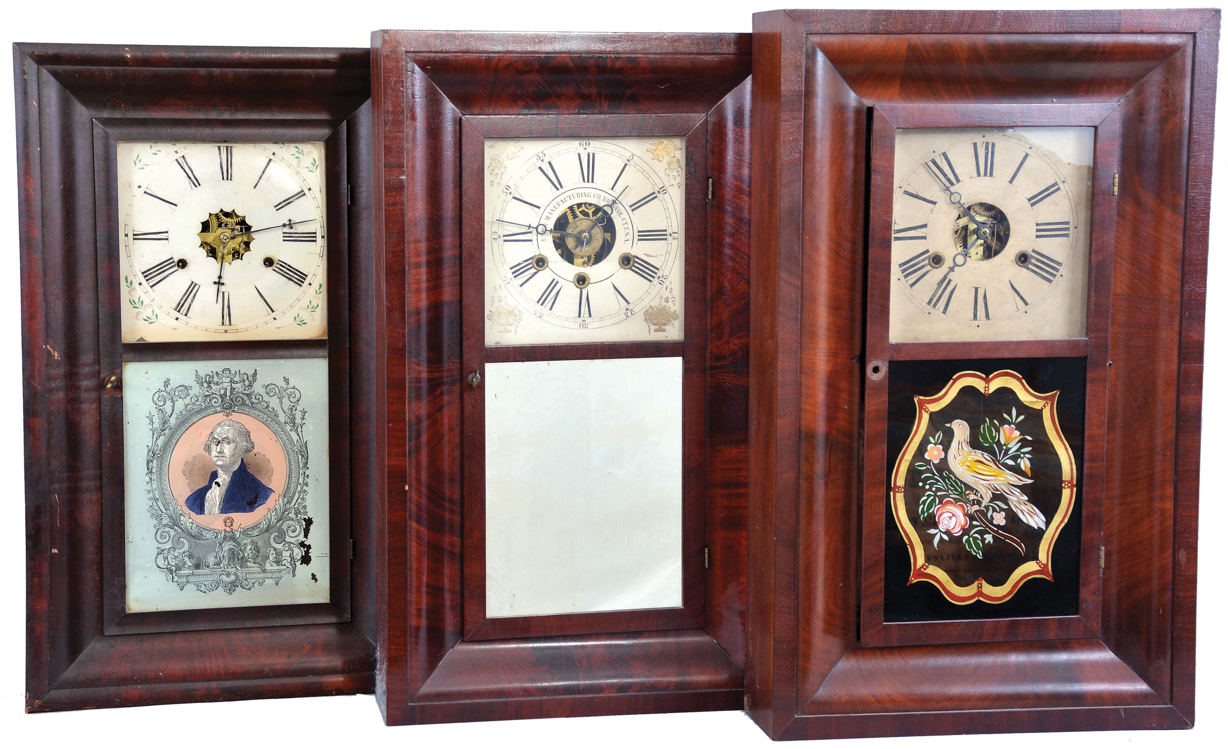 Clocks- 6 (Six): (1) E. &amp; H. A. Bills, Colebrook River, Conn., 30 hour, time and strike, weight brass movement OG shelf clock, c1844; (2) Seth Thomas Clock Co., Plymouth Hollow, Conn., 30 hour, time and strike, weight brass movement OG shelf clock, c1860 (3) Morse &amp; Co., Plymouth Hollow, Conn., 30 hour, time and strike, weight brass movement OG shelf clock, c1855. (4) H. Welton &amp; Co., Terrysville, Conn., 30 hour, time and strike, weight brass movement OG shelf clock, c1841. (5) Union Manufacturing Co., Bristol, Conn., 30 hour, time, strike and alarm weight brass movement OG shelf clock, c1845. (6) William L. Gilbert &amp; Co., Winsted, Conn., 30 hour, time and strike, weight brass movement OG shelf clock, c1860 — Antique Clocks Price Guide