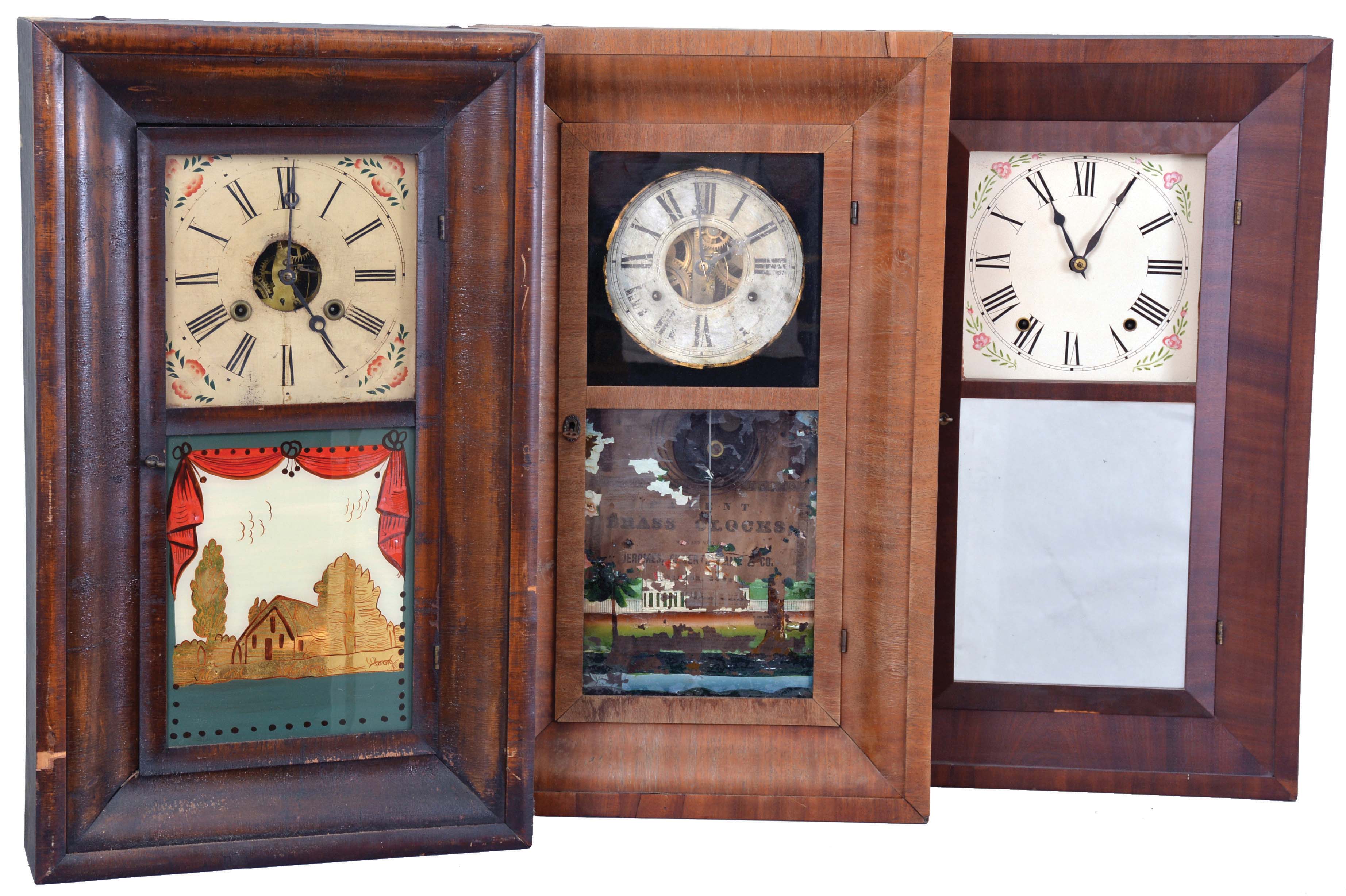 Clocks- 6 (Six): (1) L.J. &amp; L. Strickland, Otis, Mass., 30 hour, time and strike, weight brass movement OG shelf clock, c1845; (2) Terry &amp; Andrews, Bristol, Conn., 30 hour, time and strike, weight brass movement OG shelf clock, c1850. (3) Clarke, Gilbert &amp; Co., Bristol, Conn., 30 hour, time and strike, weight brass movement OG shelf clock, c1841. (4) Connecticut Clock Co., New York, 30 hour, time and strike, weight brass movement OG shelf clock, c1850. (5) Jeromes, Gilbert, Grant &amp; Co., Bristol, Conn., 30 hour, time and strike, weight brass movement OG shelf clock, c1840. (6) Chauncey Boardman, Bristol, Conn., 30 hour, time and strike, weight wood movement Bevel case shelf clock, c1840. — Antique Clocks Price Guide