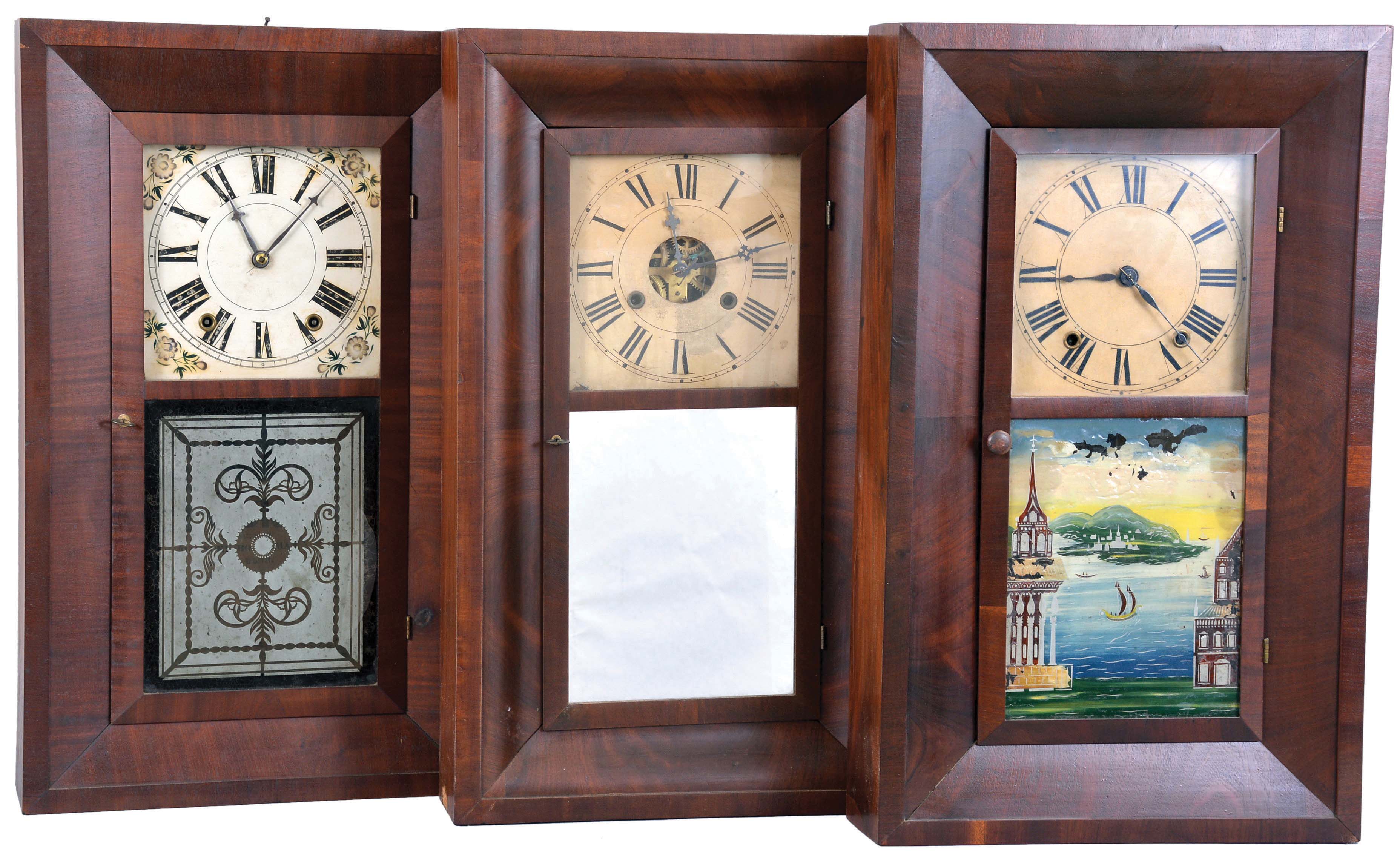 Clocks- 6 (Six): (1) Brewster &amp; Ingrahams, Bristol, Conn., 30 hour, time and strike, weight brass movement OG shelf clock, c1850; (2) William S. Johnson, New York, 30 hour, time and strike, weight brass movement OG shelf clock, c1850. (3) Chauncey Jerome, New Haven, Conn., 8 day, time and strike, weight brass movement OG shelf clock, c1860 (4) Chauncey Boardman, Bristol, Conn., 30 hour, time and strike, weight wood movement bevel case shelf clock, c1845. (5) Chauncey Jerome, New Haven, Conn., 30 hour, time and strike, weight brass movement OG shelf clock, c1845. (6) Chauncey Boardman, Bristol, Conn., 30 hour, time and strike, weight wood movement bevel case shelf clock, c1845 — Antique Clocks Price Guide