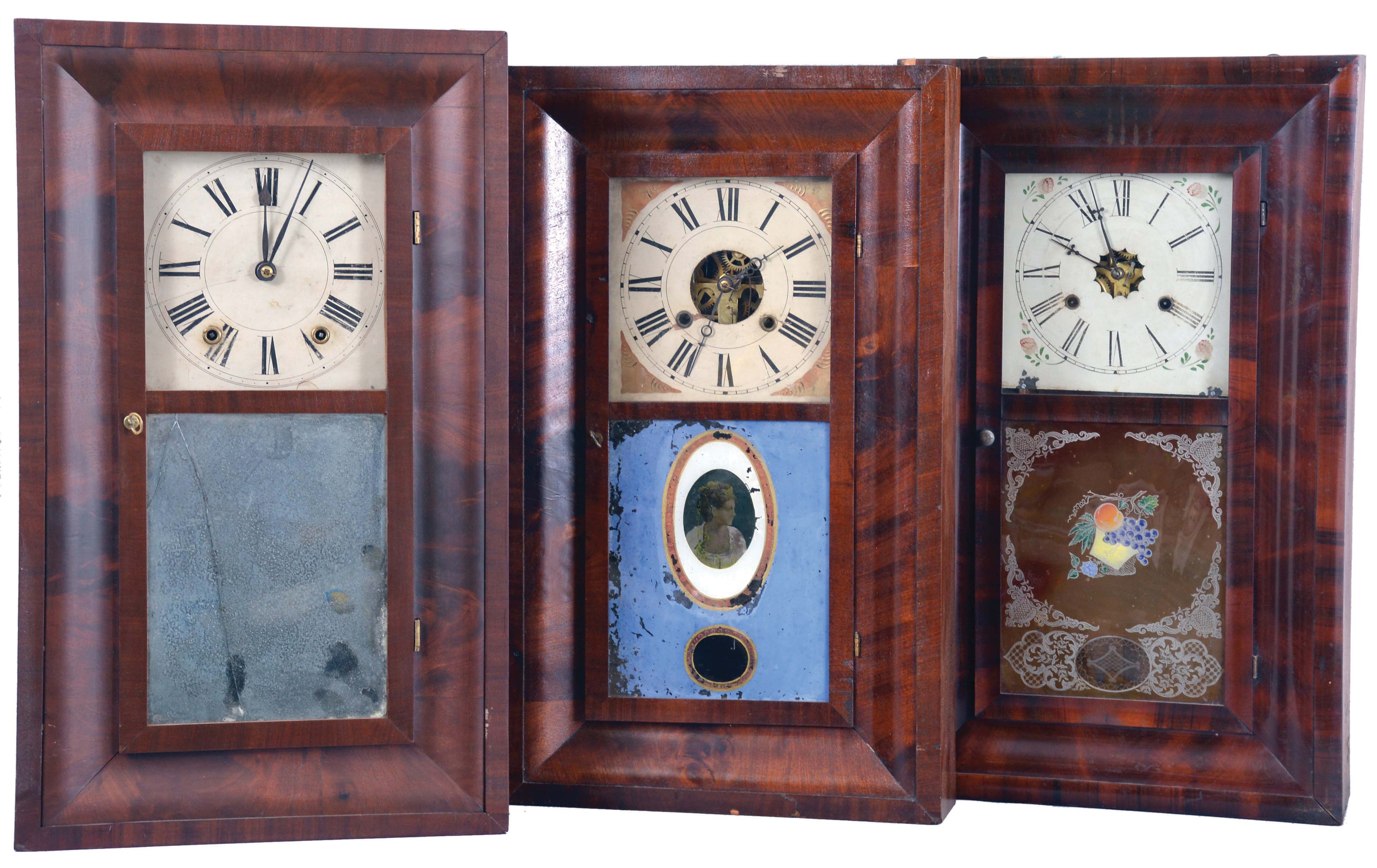 Clocks- 6 (Six): Seth Thomas Clock Co., Thomaston, Conn., 8 day, time and strike, weight brass movement OG shelf clock, c1870; (2) Chauncey Jerome, New Haven, Conn., 8 day, time, strike and alarm weight brass movement OG shelf clock, c1850. (3) Chauncey Jerome, New Haven, Conn., 30 hour, time and strike, weight brass movement OG shelf clock, c1850 (4) Daniel Pratt, Jr. Reading, Mass., 30 hour, time and strike, weight wood movement OG shelf clock, c1842. (5) Boardman &amp; Wells, Bristol, Conn., 30 hour, time and strike, weight brass movement OG shelf clock, c1843. (6) E. N. Welch Mfg. Co., Forestville, Conn., 30 hour, time and strike, weight brass movement OG shelf clock, c1860 — Antique Clocks Price Guide