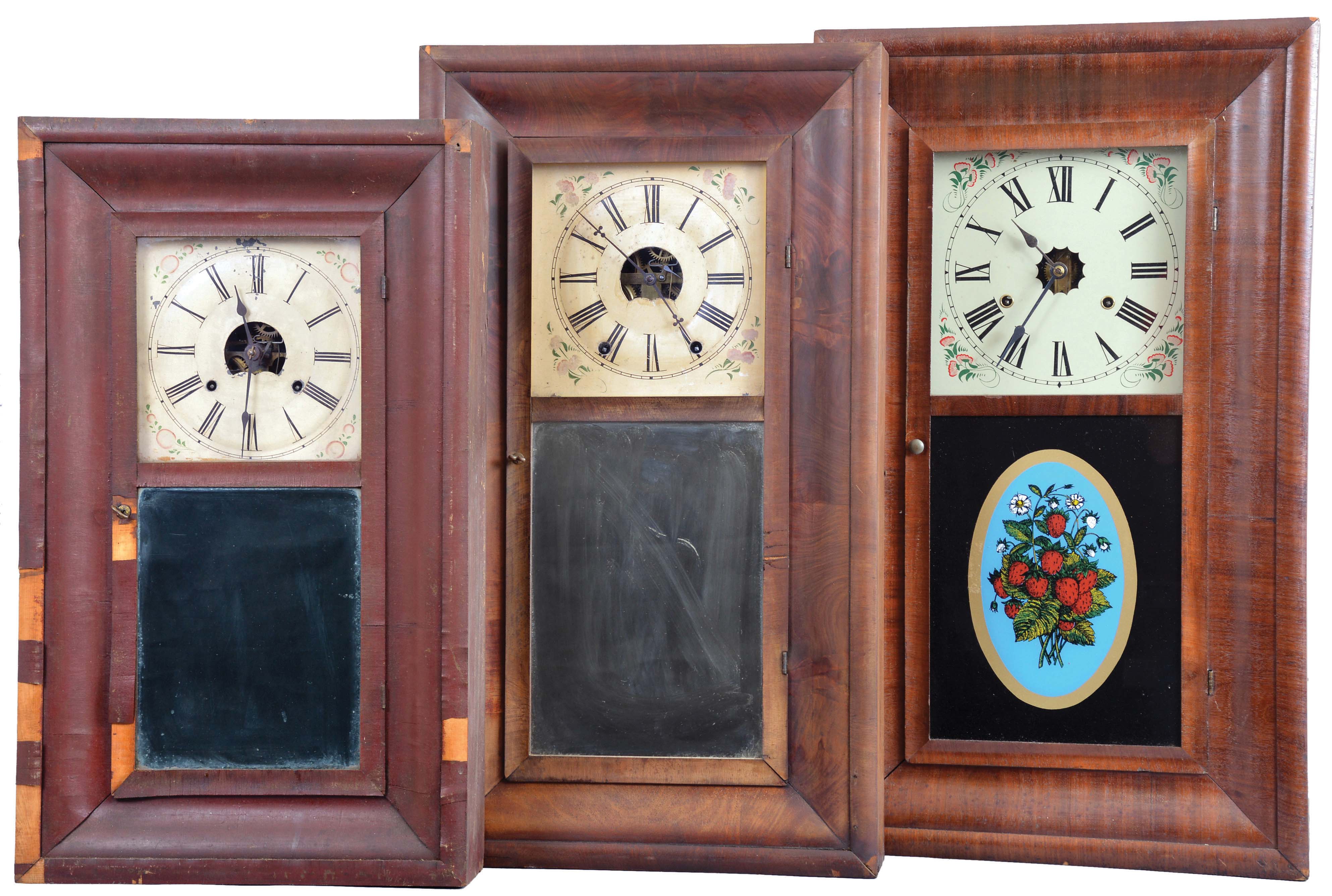 Clocks- 8 (Eight): (1) Waterbury Clock Co., Waterbury, Conn., 8 day, time and strike, weight brass movement OOG shelf clock, c1860; (2) Ansonia Brass Company, Ansonia, Conn., 30 hour, time and strike, weight brass movement OG shelf clock, c1860. (3) William S. Johnson, New York, 30 hour, time and strike, weight brass movement OG shelf clock, c1855. (4) Daniel Pratt &amp; Sons, Boston, Mass., 8 day, time and strike, weight brass movement OG shelf clock, c1850 (5) Birge, Peck &amp; Co., Bristol, Conn., 8 day, time and strike, weight brass movement OG shelf clock, c1855. (6) Elisha Manross, Bristol, Conn., 30 hour, time and strike, weight brass movement OG shelf clock, c1850. (7) Chauncey, Boardman, Bristol, Conn., 30 hour, time and strike, weight brass movement OG shelf clock, c1850 (8) E. C. Brewster &amp; Co., Bristol, Conn., 30 hour, time and strike, spring brass iron backplate OG shelf clock, c1842. — Antique Clocks Price Guide