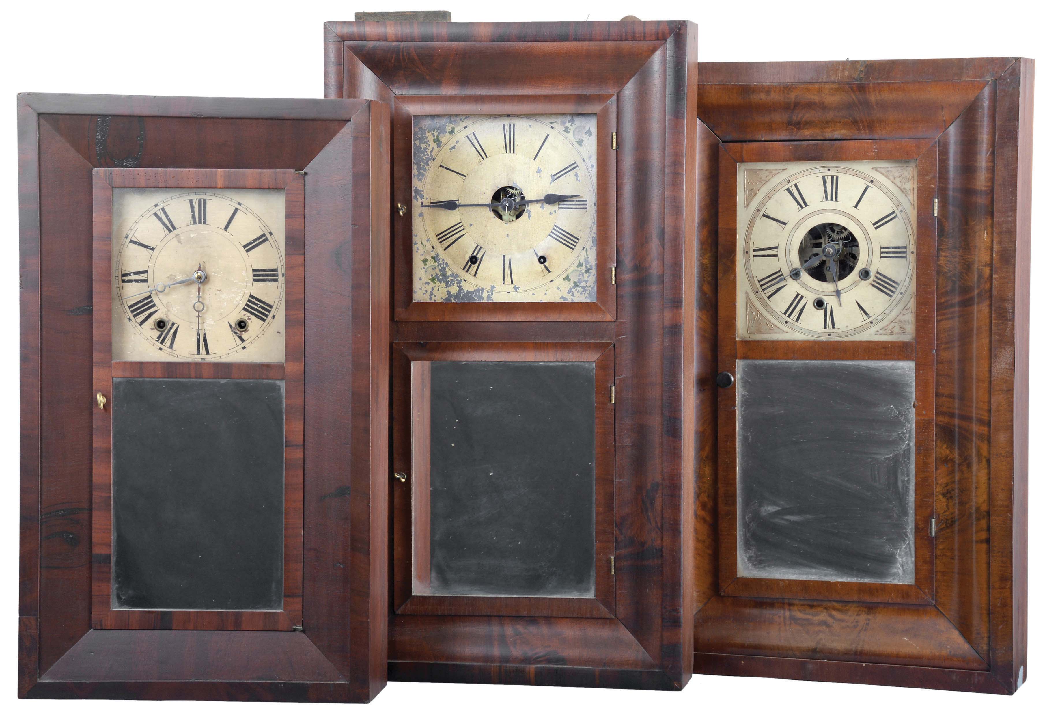 Clocks- 8 (Eight): (1) Henry C. Smith, Plymouth, Conn., 30 hour, time and strike, weight wood movement beveled case shelf clock, c1840; (2) Jones &amp; Frisbee, New Hartford, Conn., 30 hour, time and strike, weight brass movement OG shelf clock, c1840. (3) Morse &amp; Co., Plymouth Hollow, Conn., 30 hour, time and strike, weight brass movment OG shelf clock, c1855. (4) New Haven Clock Co., New Haven, Conn., 30 hour, time and strike, weight brass movement OG shelf clock, c1860 (5) New Haven Clock Co., New Haven, Conn., 8 day, time and strike, weight brass movement OOG shelf clock, c1870. (6) Smith Brothers Establishment, New York, 30 hour, time, strike and alarm weight brass movement OG shelf clock, c1850 (7) Forestville Manufacturing Co., (J.C. Brown), Bristol, Conn., 8 day, time and strike, weight brass movement OOG shelf clock, c1850 (8) Chauncey Jerome, New Haven, Conn., 8 day, time and strike, weight brass movement OOG shelf clock, c1850 — Antique Clocks Price Guide