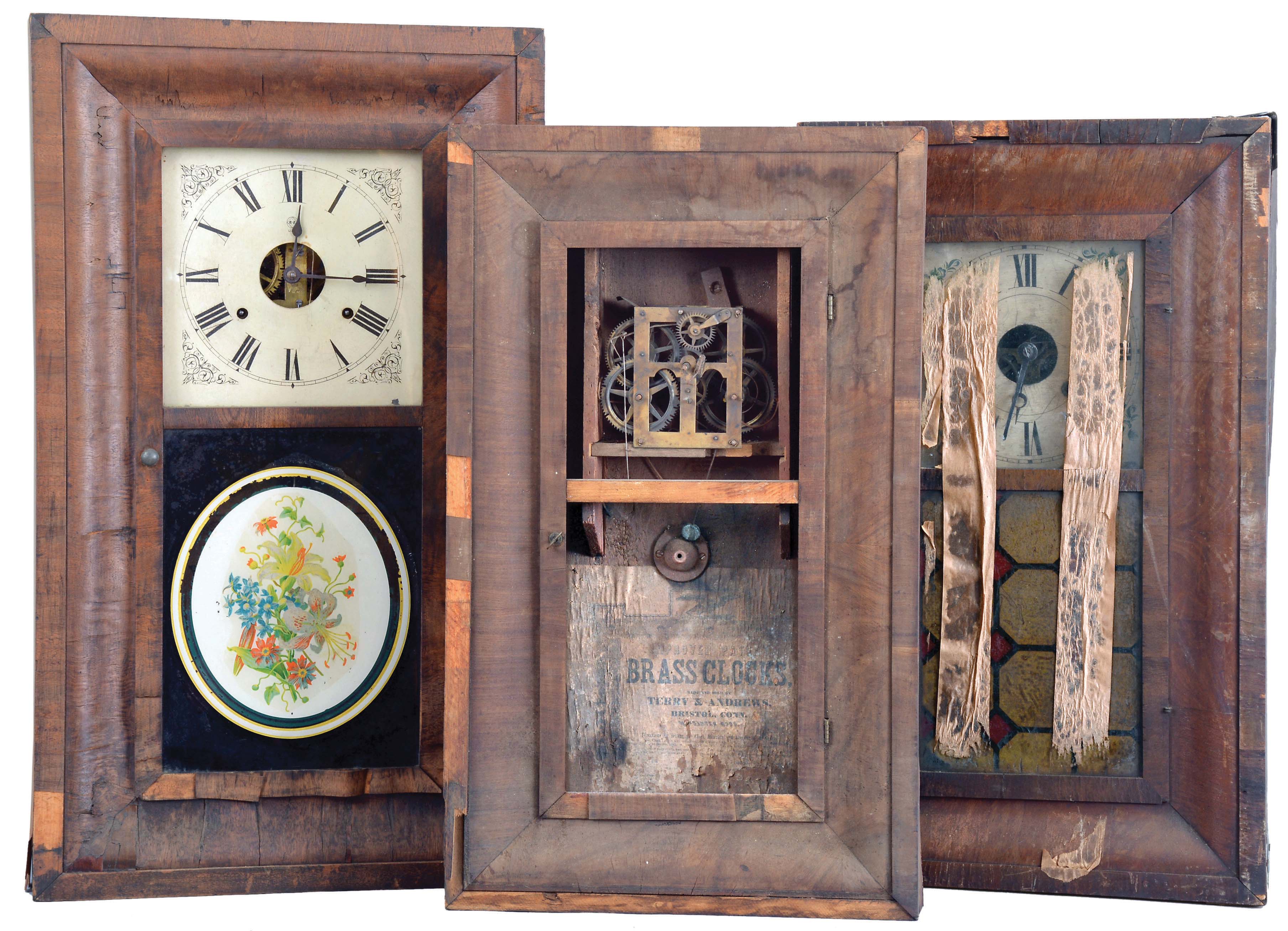 Clocks- 8 (Eight): (1) Union Manufacturing Co., Bristol, Conn., 30 hour, time and strike, weight brass movement OG shelf clock, c1850; (2) New Haven Clock Co., New Haven, Conn., 30 hour, time and strike, weight brass movement OG shelf clock, c1870. (3) Sperry &amp; Shaw, New York, 30 hour, time and strike, weight brass movement OG shelf clock, c1845. (4) Chauncey Boardman, Bristol, Conn., 30 hour, time and strike, weight brass movement OG shelf clock, c1850 (5) Seth Thomas Clock Co., Thomaston, Conn., 8 day, time and strike, weight brass movement OG shelf clock, c1870. (6) Ansonia Brass Co., Ansonia, Conn., 8 day, time, strike and alarm weight brass movement OG shelf clock, c1860. (7) Smith Brothers, New York, 30 hour, time and strike, weight brass movement OG shelf clock, c1850 (8) Terry &amp; Andrews, Bristol, Conn., 30 hour, time and strike, weight brass movement OG shelf clock, c1850 — Antique Clocks Price Guide