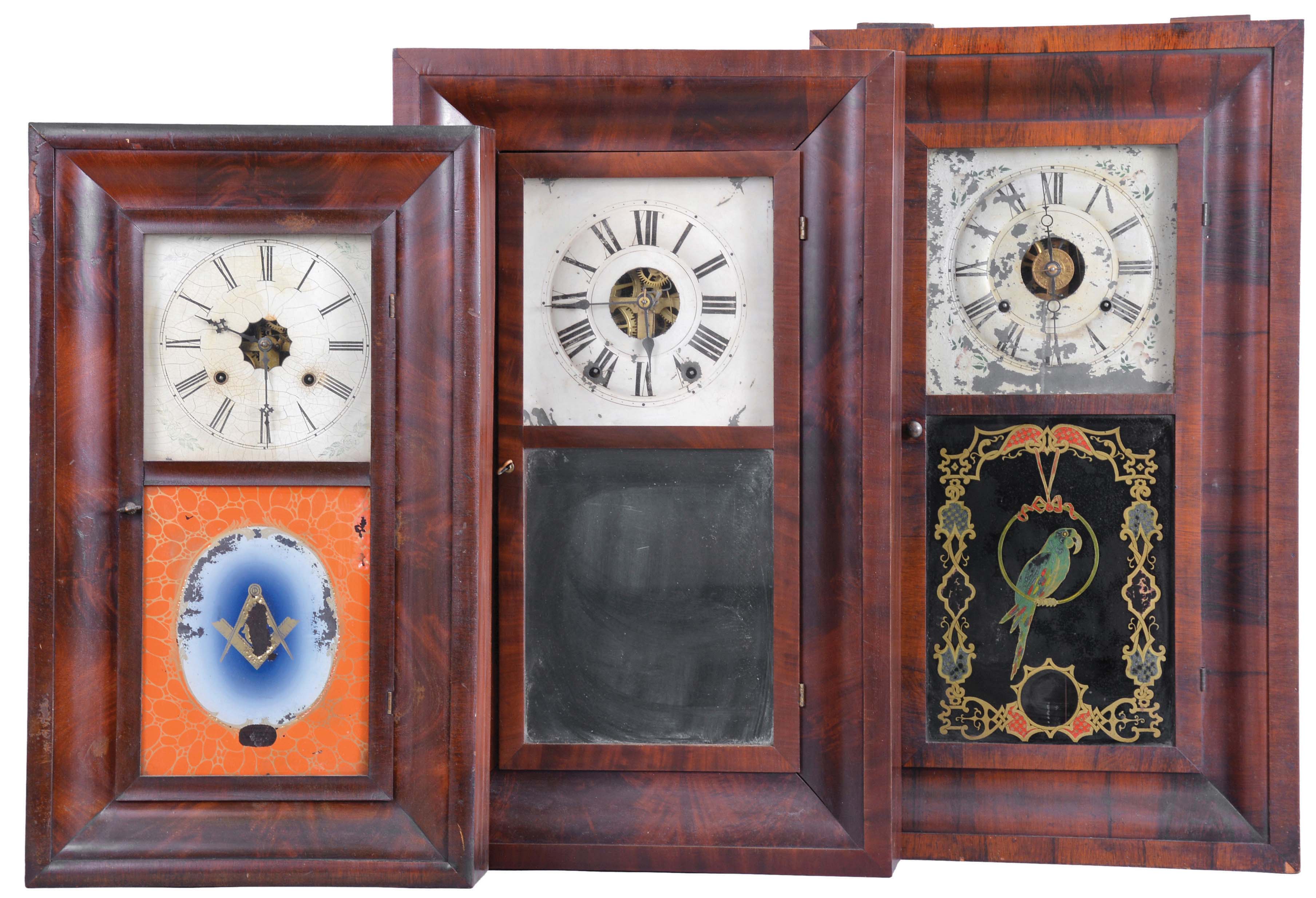 Clocks- 8 (Eight): (1) Daniel Pratt, Jr. Reading, Mass., 8 day, time and strike, weight brass movement OG shelf clock, c1850; (2) Ansonia Brass &amp; Copper Co., Ansonia, Conn., 30 hour, time and strike, weight brass movement OG shelf clock, c1870 (3) Waterbury Clock Co., Waterbury, Conn., 30 hour, time and strike, weight brass movement OG shelf clock, c1870 (4) R. Blakeslee, Jr., New York, 30 hour, time and strike, weight brass "Davies Patent Lever" OG shelf clock, c. 1855. (5) Seth Thomas Clock Co., Thomaston, Conn., 8 day, time, strike and alarm weight brass movement OG shelf clock, c1870 (6) Chauncey Jerome, New Haven, Conn., 8 day, time and strike, weight brass movement OG shelf clock, c1850 (7) Birge &amp; Fuller, Bristol, Conn., 8 day, time and strike, weight brass movement OG shelf clock, c1845 (8) Union Manufacturing Co., Bristol, Conn., 30 hour, time and strike, weight brass movement OG shelf clock, c1845 — Antique Clocks Price Guide