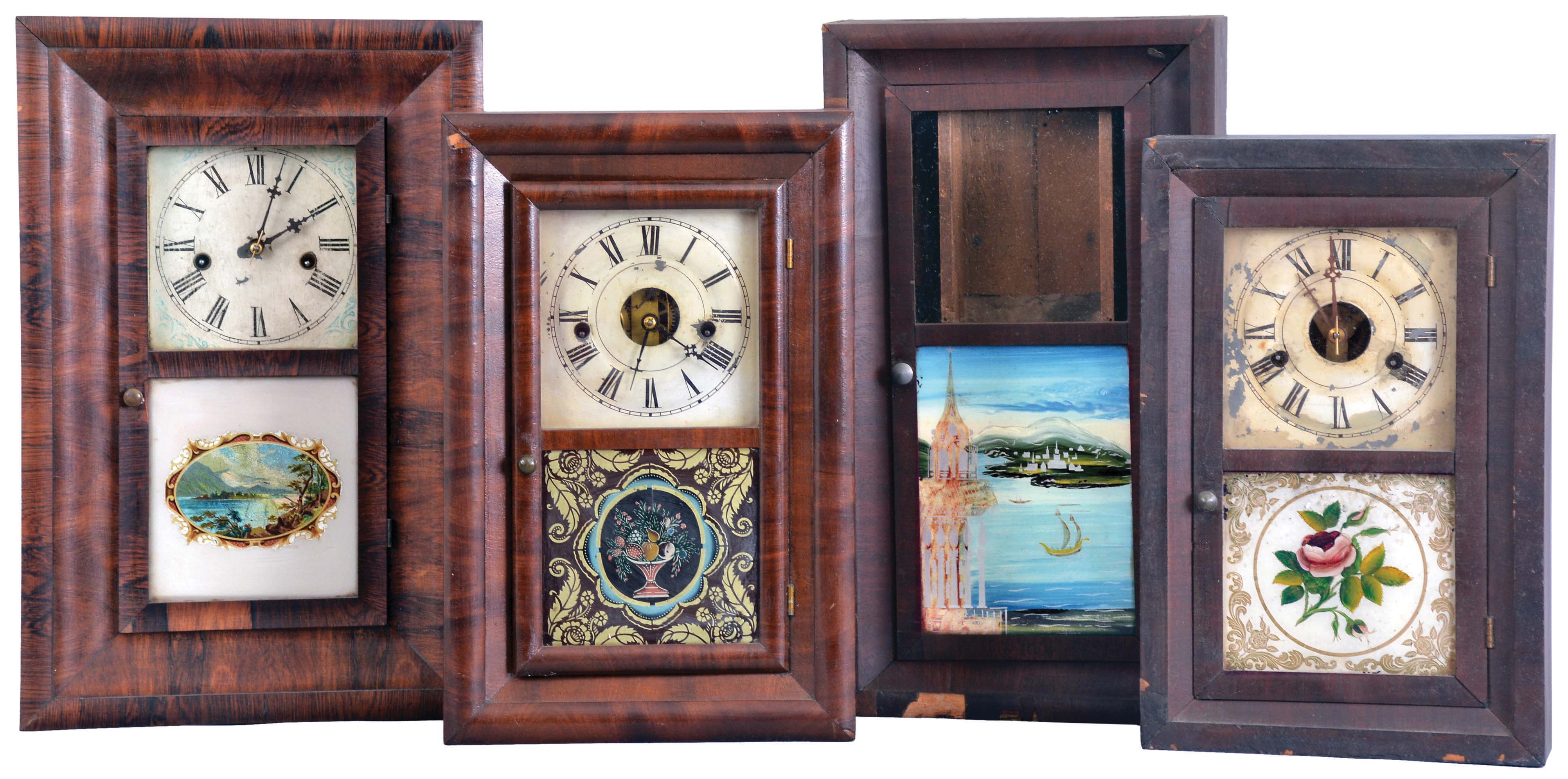Clocks- 7 (Seven): (1) Seth Thomas Clock Co., Thomaston, Conn., 30 hour, time and strike, spring brass movement miniature beveled case shelf clock, c1870; (2) Seth Thomas Clock Co., Thomaston, Conn., 30 hour, time, strike and alarm spring brass movement miniature round band shelf clock, c1870. (3) Hiram Welton, Bristol, Conn., 30 hour, time and alarm empty OG case, c1840. (4) Waterbury Clock Co., Waterbury, Conn., 30 hour, time and strike, spring brass movement miniature OG shelf clock, c1870. (5) Seth Thomas Clock Co., Plymouth Hollow Hollow, Conn., 30 hour, time and strike, spring brass movement miniature round band shelf clock, c1860. (6) Waterbury Clock Co., Waterbury, Conn., 30 hour, time, strike and alarm spring brass movement miniature OG shelf clock, c1870. (7) Empty, miniature OG shelf clock. — Antique Clocks Price Guide