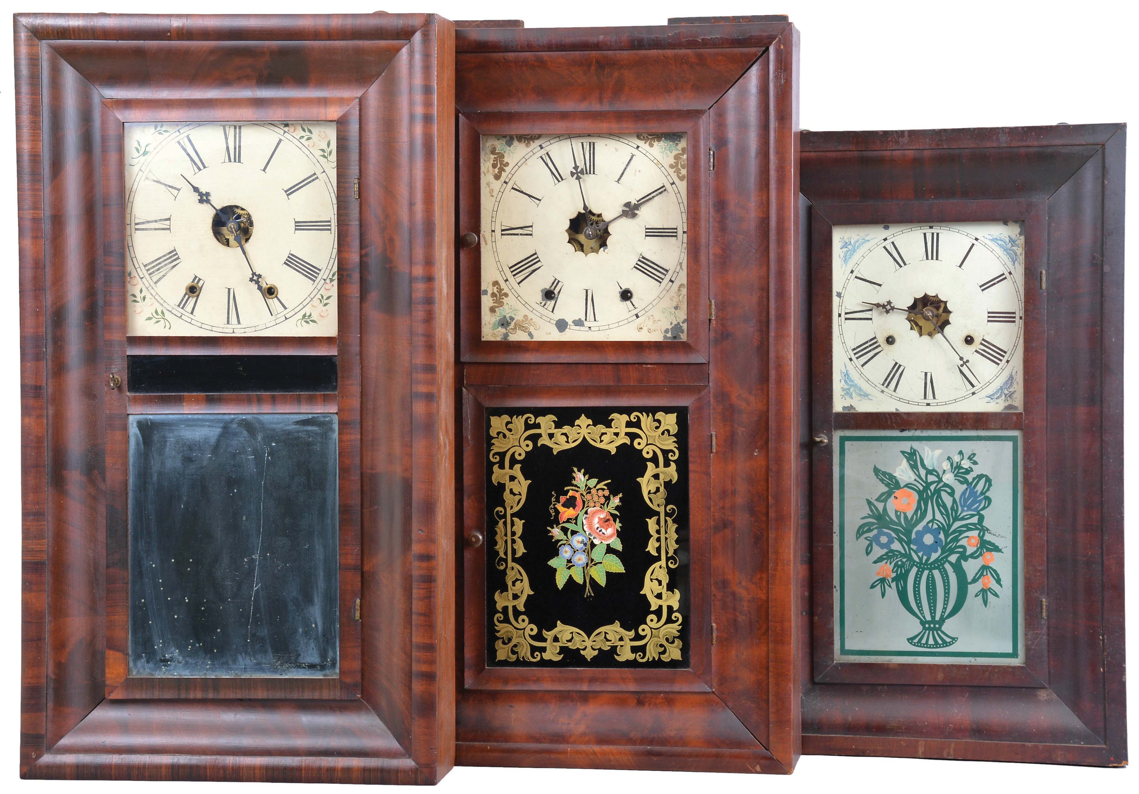 Clocks- 8 (Eight): (1) Alfred Lowrey, Bristol, Conn., 30 hour, time and strike, weight brass movement OG shelf clock, c1845; (2) Waterbury Clock Co., Waterbury, Conn., 8 day, time, strike and alarm weight brass movement OG shelf clock. (3) New Haven Clock Co., New Haven, Conn., 30 hour, time, strike and alarm weight brass movement OG shelf clock, c1870 (4) Waterbury Clock Co., Waterbury, Conn., 30 hour, time and strike, weight brass movement OG shelf clock. (5) William S. Johnson, New York, 30 hour, time and strike, weight brass movement OG shelf clock, c1855 (6) Chauncey Jerome, New Haven, Conn., 8 day, time and strike, weight brass movement OOG shelf clock, c1850 (7) Jerome, &amp; Company, New Haven, Conn., 8 day, time and strike, weight brass movement) OG shelf clock, c1870 (8) Chauncey Jerome, New Haven, Conn., 30 hour, time and strike, weight brass movement OG shelf clock, c1850 — Antique Clocks Price Guide
