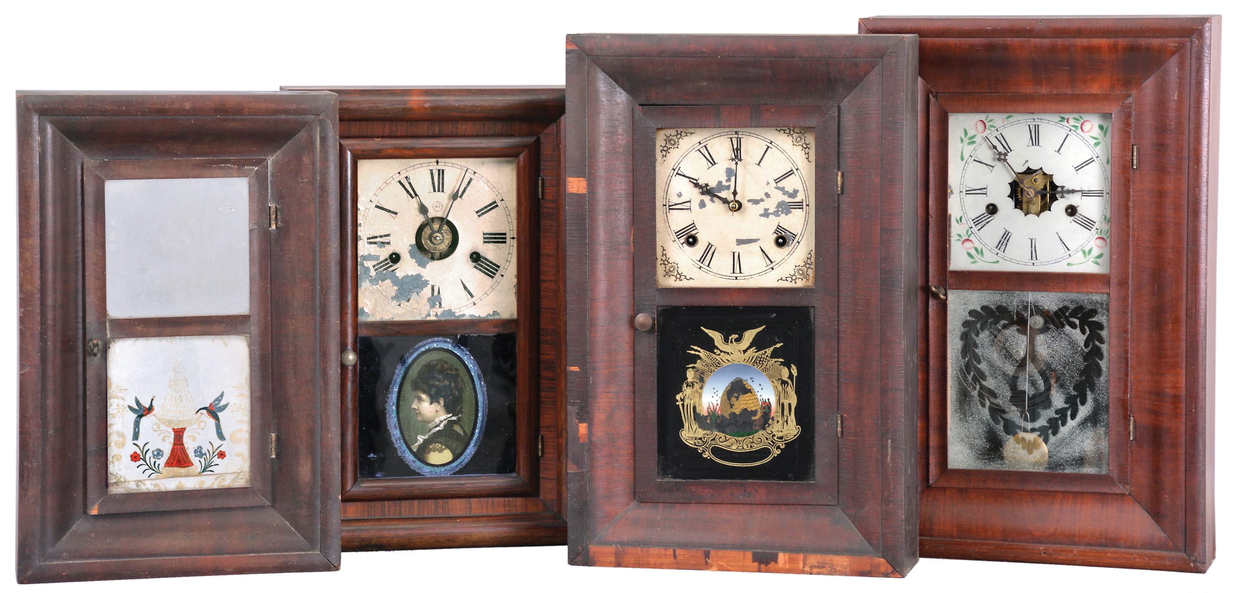 Clocks- 8 (Eight): (1) Waterbury Clock Co., Waterbury, Conn., 30 hour, time and strike, spring brass movement miniature OG shelf clock, c1870; (2) Unknown, 30 hour, time and strike, spring brass movement miniature OG shelf clock, c1870. (3) New Haven Clock Co., New Haven, Conn., 30 hour, time and strike, spring brass movement OG shelf clock, c1870. (4) E. N. Welch Mfg. Co., Forestville, Conn., 30 hour, time and strike, spring brass movement miniature OG shelf clock, c1860 (5) Unknown, empty OG case. (6) E. N. Welch Mfg. Co., Forestville, Conn., 30 hour, time, strike and alarm spring brass movement miniature OG shelf clock, c1860 (7) William L. Gilbert Clock Co., Winsted, Conn., 30 hour, time and strike, spring brass movement miniature OG shelf clock, c1870. (8) Seth Thomas Clock Co., Thomaston, Conn., 30 hour, time, strike and alarm spring brass movement miniature "Round Band" shelf clock, c1870 — Antique Clocks Price Guide