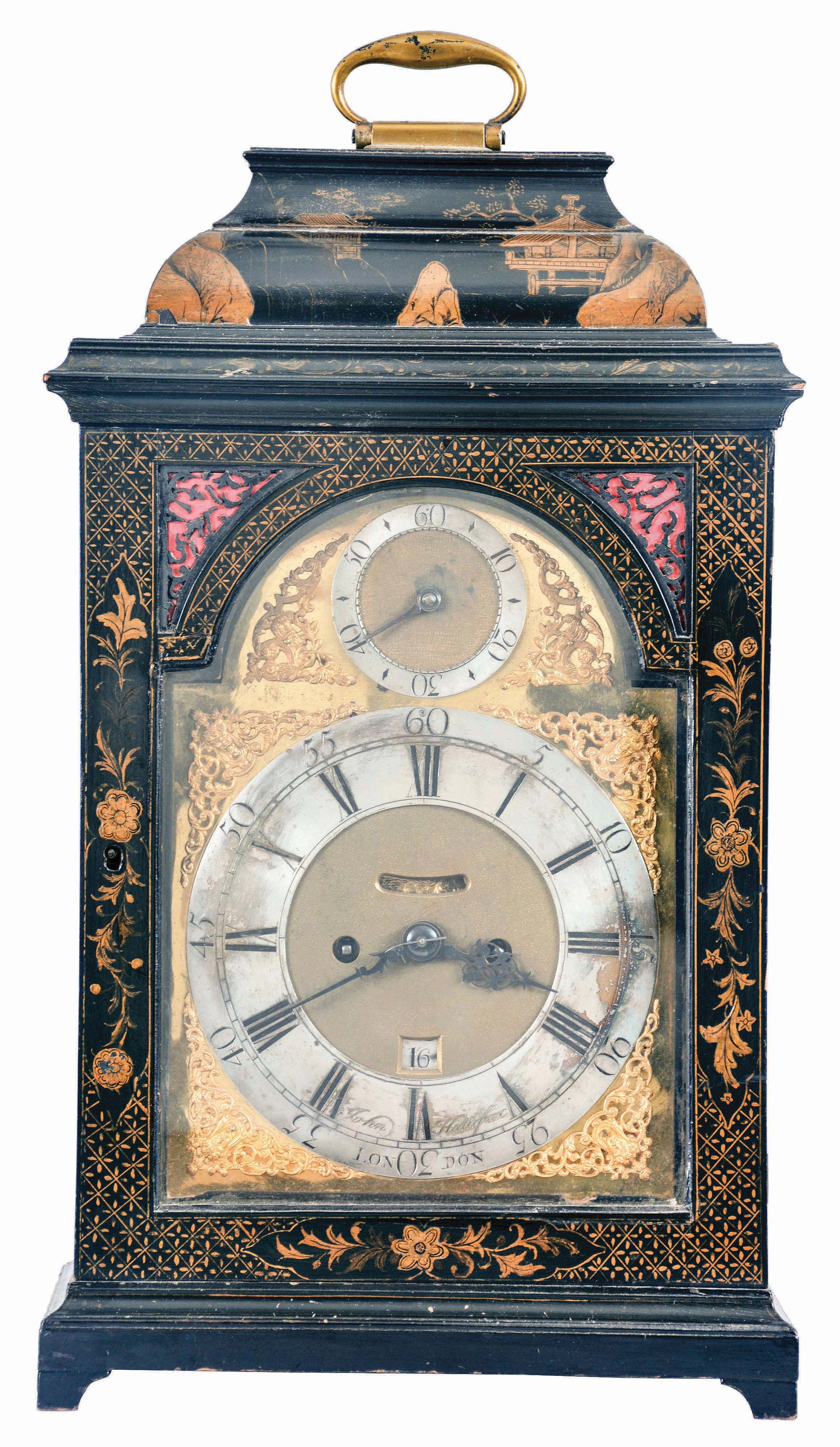 John Halifax, London a late 18th century japanned bracket clock, composite brass arch dial, silvered roman numeral chapter ring signed below 6:00, "John Halifax/London", date aperture and mock pendulum, regulation dial in the arch, blued steel hands, matted centers and brass spandrels, the molded top case with japanned decoration of a Chinese pagoda and brass carrying handle at the top, dial door with floral decoration and pierced sound frets and sides both backed with red fabric, all resting on short bracket feet, the rear glazed door opens to the eight day, cable fusee, verge escapement movement with rack striking on the hour, back plate fully engraved with centered woman playing a violin, rise and fall pendulum with small brass bob and pendulum holder. — Antique Clocks Price Guide