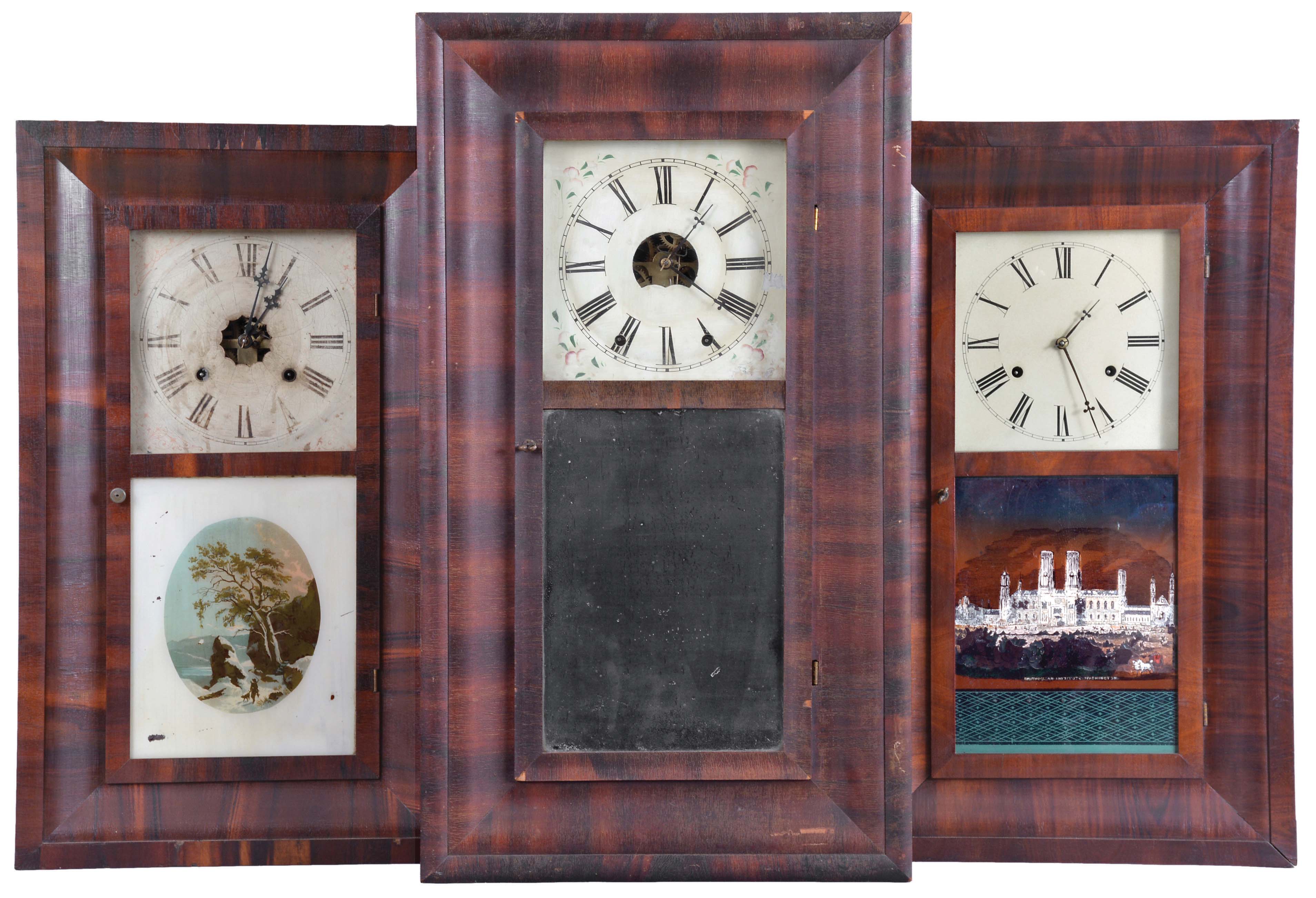 Clocks- 8 (Eight): (1) Forestville Manufacturing Co., Forestville, Conn., 30 hour, time and strike, weight brass movement OG shelf clock, c1850; (2) Ansonia Brass &amp; Copper Co., Ansonia, Conn., 30 hour, time and strike, weight brass movement OG shelf clock, c1870 (3) George Marsh, Winchester, Conn., 30 hour, time and strike, weight brass movement OG shelf clock, c1850 (4) Forestville Clock Co., Forestville, Conn., 30 hour, time, strike and alarm weight brass movement OG shelf clock, c1850 (5) E. &amp; A. Ingraham &amp; Co., Bristol, Conn., 30 hour, time and strike, weight brass movement OG shelf clock, c1852 (6) M. W. Atkins &amp; Co., Bristol, Conn., 8 day, time and strike, weight brass movement OOG shelf clock, c1850 (7) Forestville Clock Co., Forestville, Conn., 30 hour, time, strike and alarm weight brass movement OG shelf clock, c1850 (8) William L. Gilbert Clock Co., Winsted, Conn., 30 hour, time and strike, weight brass movement OG shelf clock, c1870 — Antique Clocks Price Guide