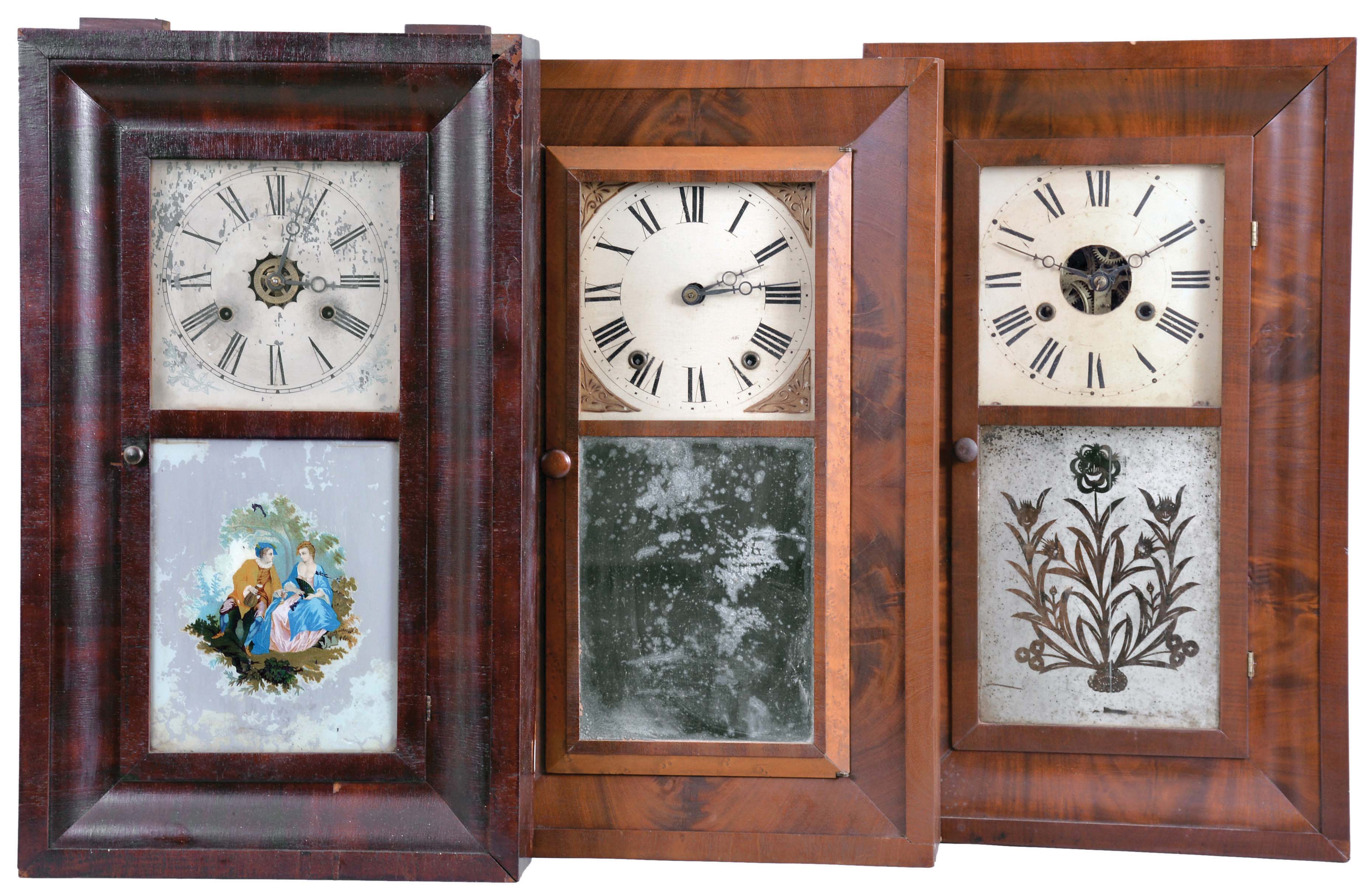 Clocks- 8 (Eight): (1) Terry &amp; Andrews, Bristol, Conn., 30 hour, time and strike, weight brass movement OG shelf clock, c1850; (2) Ansonia Brass Co., Ansonia, Conn., 30 hour, time and strike, weight brass movement OG shelf clock, c1855 (3) Waterbury Clock Co., Waterbury, Conn., 30 hour, time and strike, weight brass movement OG shelf clock, c1860 (4) Jerome &amp; Co., New Haven, Conn., 30 hour, time and strike, weight brass movement OG shelf clock, c1870 (5) Unknown, 46 Courtland St., New York, 30 hour, time and strike, weight brass movement OG shelf clock, c1850 (6) E. N. Welch Mfg. Co., Forestville, Conn., 30 hour, time, strike and alarm weight brass movement OG shelf clock, c1860 (7) Henry C. Smith, Bristol, Conn., 30 hour, time and strike, weight brass movement OG shelf clock, c1845 (8) Charles Stratton, Worcester, Mass., 30 hour, time and strike, weight wood movement bevel case shelf clock, c1841 — Antique Clocks Price Guide