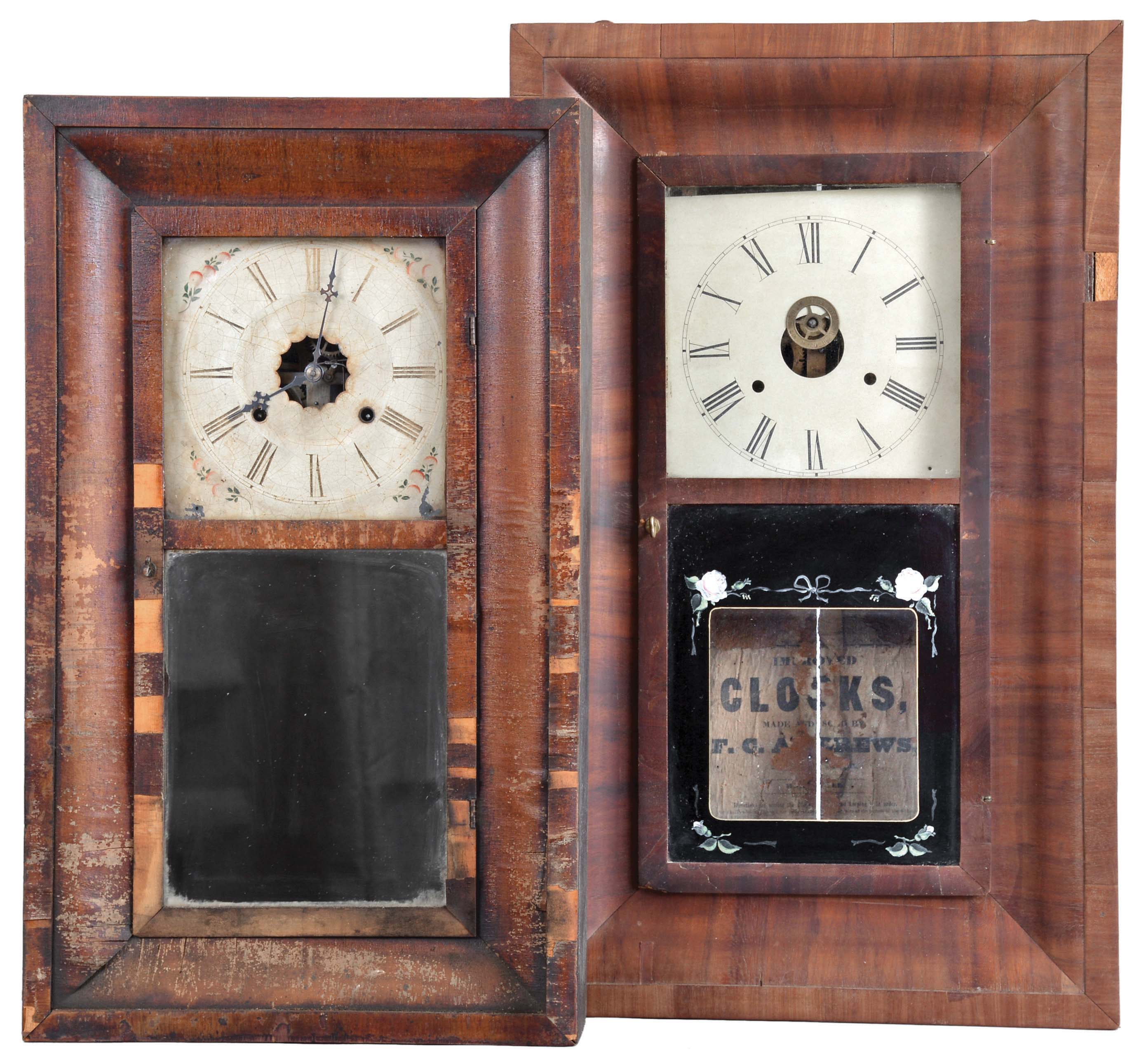 Clocks- 8 (Eight): American Clock Co., (Chauncey Jerome), New York, 30 hour, time and strike, weight brass movement OG shelf clock, c1850; (2) Ansonia Brass Co., Ansonia, Conn., 30 hour, time and strike, weight brass movement OG shelf clock, c1860 (3) Brewster &amp; Co., Bristol, 30 hour, time and strike, weight brass movement OG shelf clock, c1855 (4) George Marsh, Winchester, Conn., 30 hour, time and strike, weight brass movement OG shelf clock, c1850 (5) Ansonia Brass Co., Ansonia, Conn., 30 hour, time and strike, weight brass movement OG shelf clock, c1860 (6) F. C. Andrews, Bristol, Conn., 30 hour, time and strike, weight brass movement OG shelf clock, c1840 (7) Boardman &amp; Wells, Bristol, Conn., 30 hour, time and strike, weight brass movement OG shelf clock, c1840 (8) William L. Gilbert Clock Co., Winsted, Conn., 30 hour, time, strike and alarm weight brass movement OG shelf clock, c1870 — Antique Clocks Price Guide