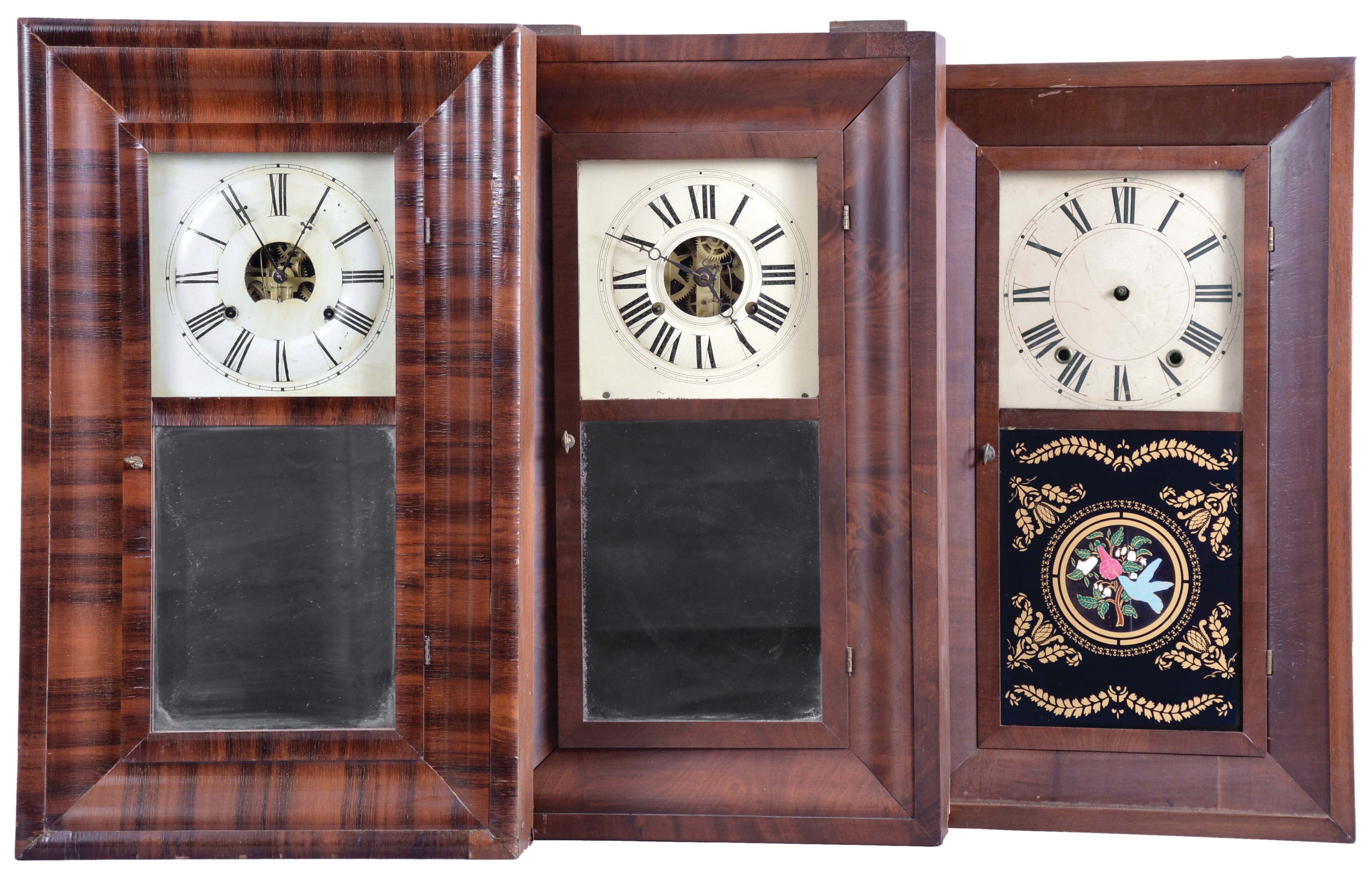 Clocks- 8 (Eight): (1) New Haven Clock Co., New Haven, Conn., 30 hour, time and strike, weight brass movement OG shelf clock, c1860; (2) Bristol Brass and Clock Co., Bristol, Conn., 30 hour, time, strike and alarm weight brass movement OG shelf clock, c1850 (3) William L. Gilbert, Winchester, Conn., 30 hour, time and strike, weight brass movement OG shelf clock, c1842 (4) H. Sperry, New York, 30 hour, time and strike, weight wood movement OG shelf clock, c1840 (5) Seth Thomas Clock Co., Thomaston, Conn., 8 day, time, strike and alarm weight brass movement OG shelf clock, c1870 (6) E. C. Brewster &amp; Son, Bristol, Conn., 30 hour, time and strike, weight brass movement OG shelf clock, c1855 (7) Atkins, Porter &amp; Co., Bristol, Conn., 30 hour, time and strike, weight brass movement OG shelf clock, c1843 (8) Hotchkiss &amp; Fields, Burlington, Conn., 30 hour, time and strike, weight wood movement bevel case shelf clock, c1845 — Antique Clocks Price Guide