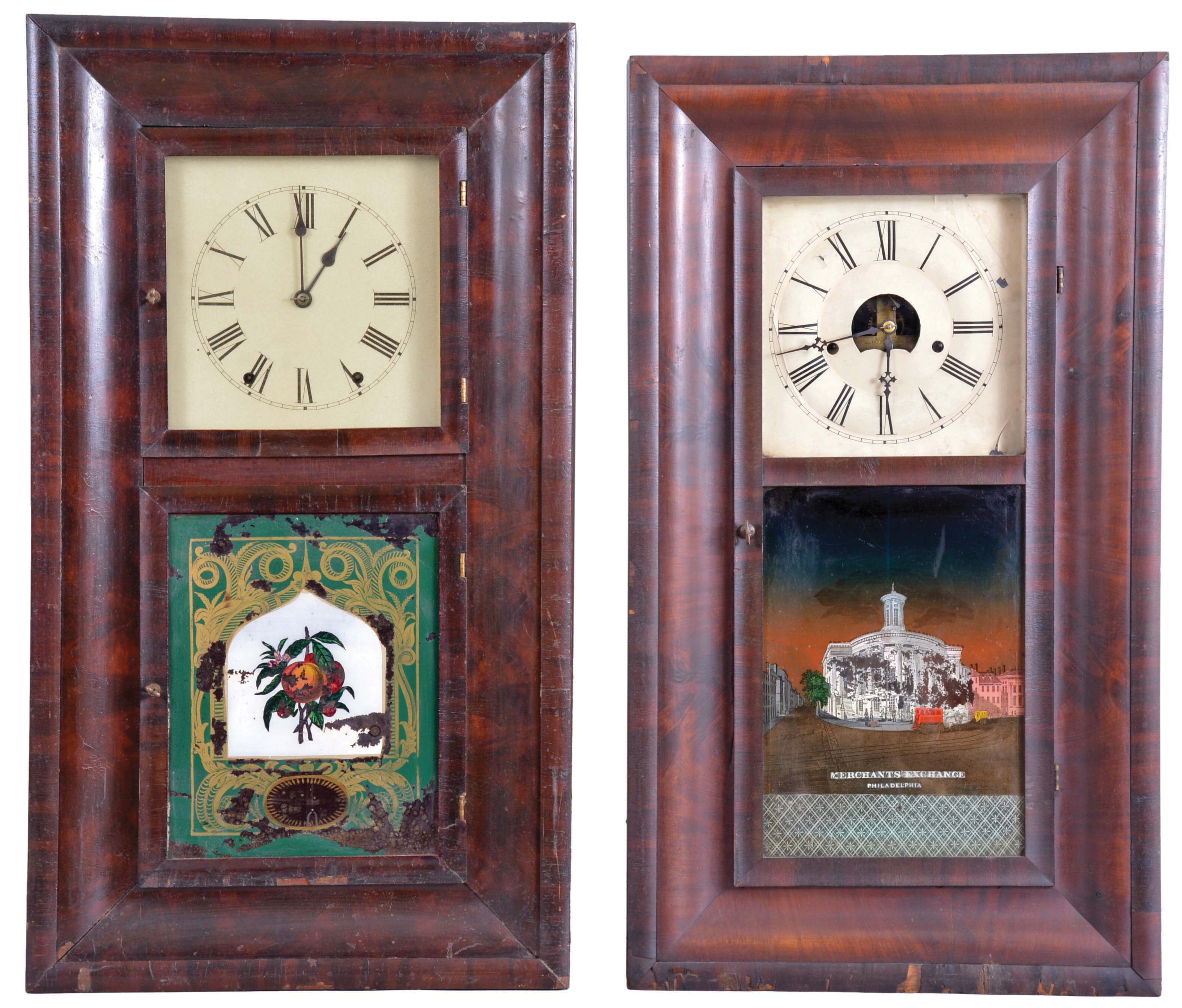 Clocks- 8 (Eight): (1) Ansonia Brass Co., Ansonia, Conn., 30 hour, time and strike, weight brass movement OG shelf clock, c1860; (2) Waterbury Clock Co., Waterbury, Conn., 30 hour, time and strike, weight brass movement OG shelf clock, c1860 (3) Chauncey Goodrich, Bristol, Conn., 30 hour, time and strike, weight brass movement OG shelf clock, c1852 (4) Terry &amp; Andrews, Bristol, Conn., 30 hour, time and strike, weight brass movement OG shelf clock, c1845 (5) William S. Johnson, New York, 30 hour, time and strike, weight brass movement OG shelf clock, c1845 (6) Unknown, "46 Courtland St", New York, 30 hour, time and strike, weight brass movement OG shelf clock, c1850 (7) Forestville Mfg. Co., Forestville, Conn., 8 day, time and strike, weight brass movement OG shelf clock, c1850 (8) Jerome &amp; Co., New Haven, Conn., 8 day, time and strike, weight brass movement OG shelf clock, c1870 — Antique Clocks Price Guide
