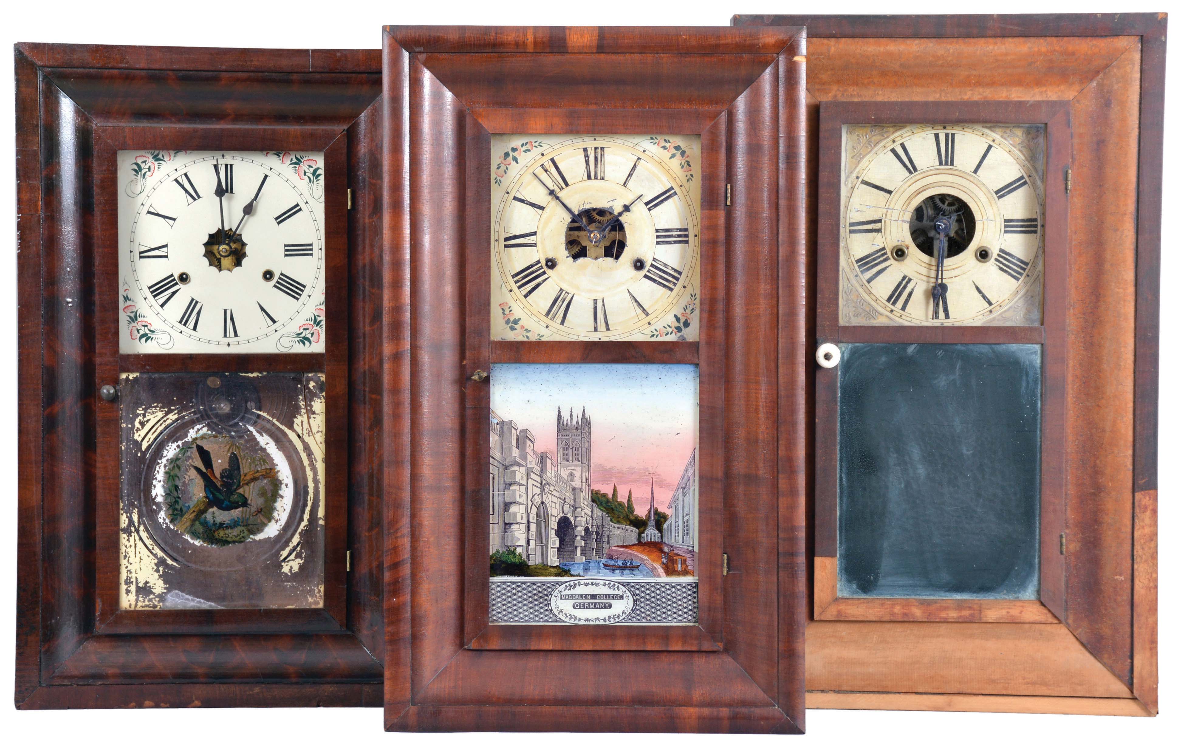 Clocks- 8 (Eight): (1) Comstock &amp; Minor, Plymouth, Conn., 30 hour, time and strike, weight wood movement bevel case shelf clock, c1845; (2) E. &amp; A. Ingraham, Bristol, Conn., 30 hour, time and strike, weight brass movement OG shelf clock, c1852 (3) H. Welton &amp; Co., Terrysville, Conn., 30 hour, time and strike, weight brass movement OG shelf clock, c1841. (4) Seth Thomas Clock Co., Thomaston, Conn., 30 hour, time and strike, weight brass movement OG shelf clock c1870 (5) Smith &amp; Goodrich, Forestville, Conn., 30 hour, time, strike and alarm weight brass movement OG shelf clock, c1850 (6) C. Boardman, Bristol, Conn., 30 hour, time and strike, weight brass movement OG shelf clock, c1845 (7) Waterbury Clock Co., Waterbury, Conn.,30 hour, time and strike, weight brass movement OG shelf clock, c1860 (8) Boardman &amp; Wells, Bristol, Conn., 30 hour, time and strike, weight wood movement bevel case shelf clock, c1840 — Antique Clocks Price Guide