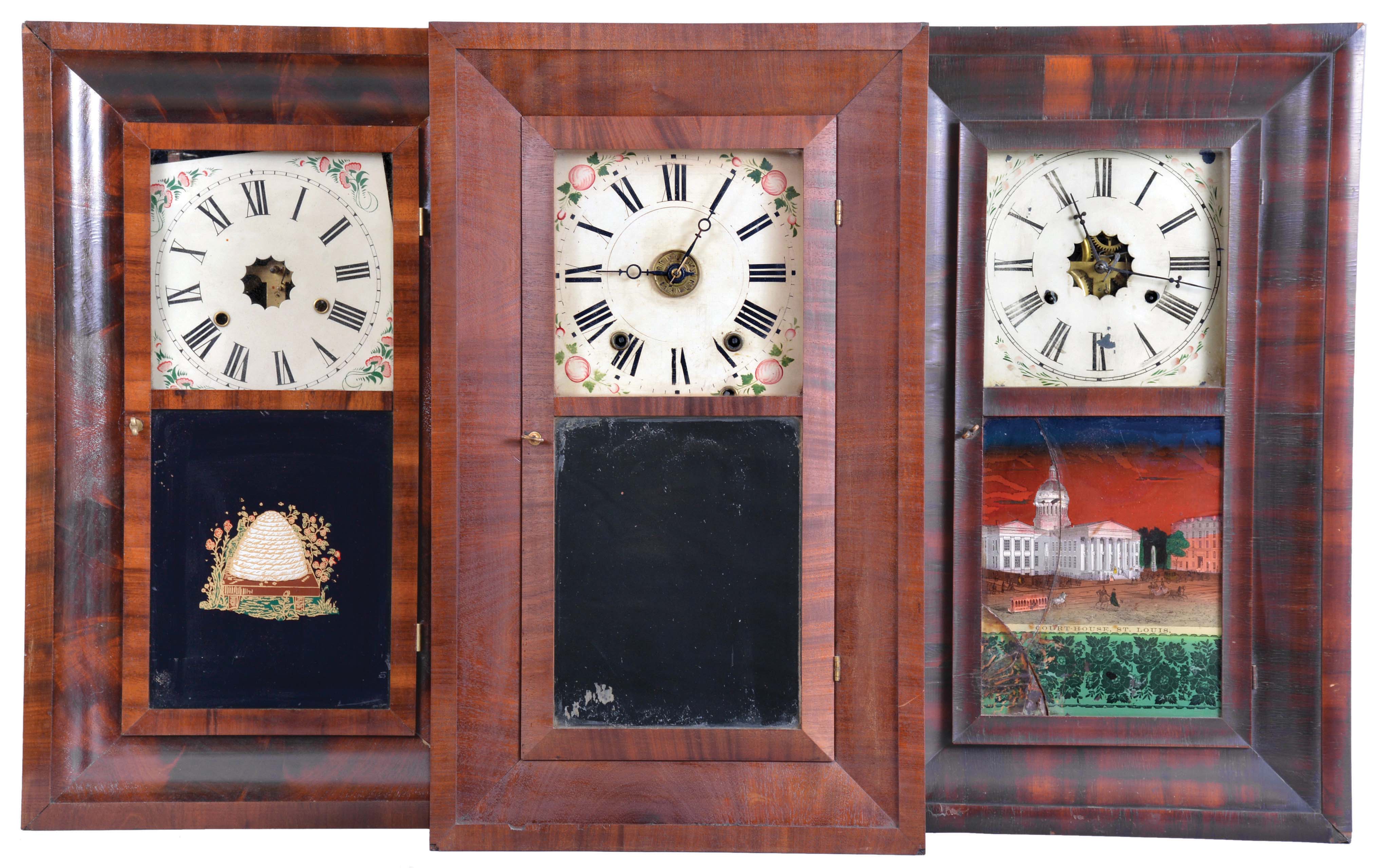 Clocks- 8 (Eight): (1) Henry C. Smith, Plymouth, Conn., 30 hour, time and strike, weight brass movement OG shelf clock, c1840; (2) E. &amp; A. Ingraham, Bristol, Conn., 30 hour, time and strike, weight brass movement OG shelf clock, c1852 (3) W. S. Conant, New York, 30 hour, time and strike, weight wood movement bevel case shelf clock, c1840 (4) John Hunt, Plainville, Conn., 30 hour, time and strike, weight brass movement OG shelf clock, c1840 (5) William S. Johnson, New York, 30 hour, time and strike, weight brass movement OG shelf clock, c1845 (6) Alden A. Atkins, Bristol, Conn., 30 hour, time and strike, weight brass movement OG shelf clock, c1843 (7) Rombach &amp; Shwab, Edinburgh, Scotland, 30 hour, time and strike, weight brass movement OG shelf clock, c1850. (8) J. J. &amp; W. Beals, Boston, Mass., 30 hour, time, strike and alarm weight wood movement OG shelf clock, c1845. — Antique Clocks Price Guide
