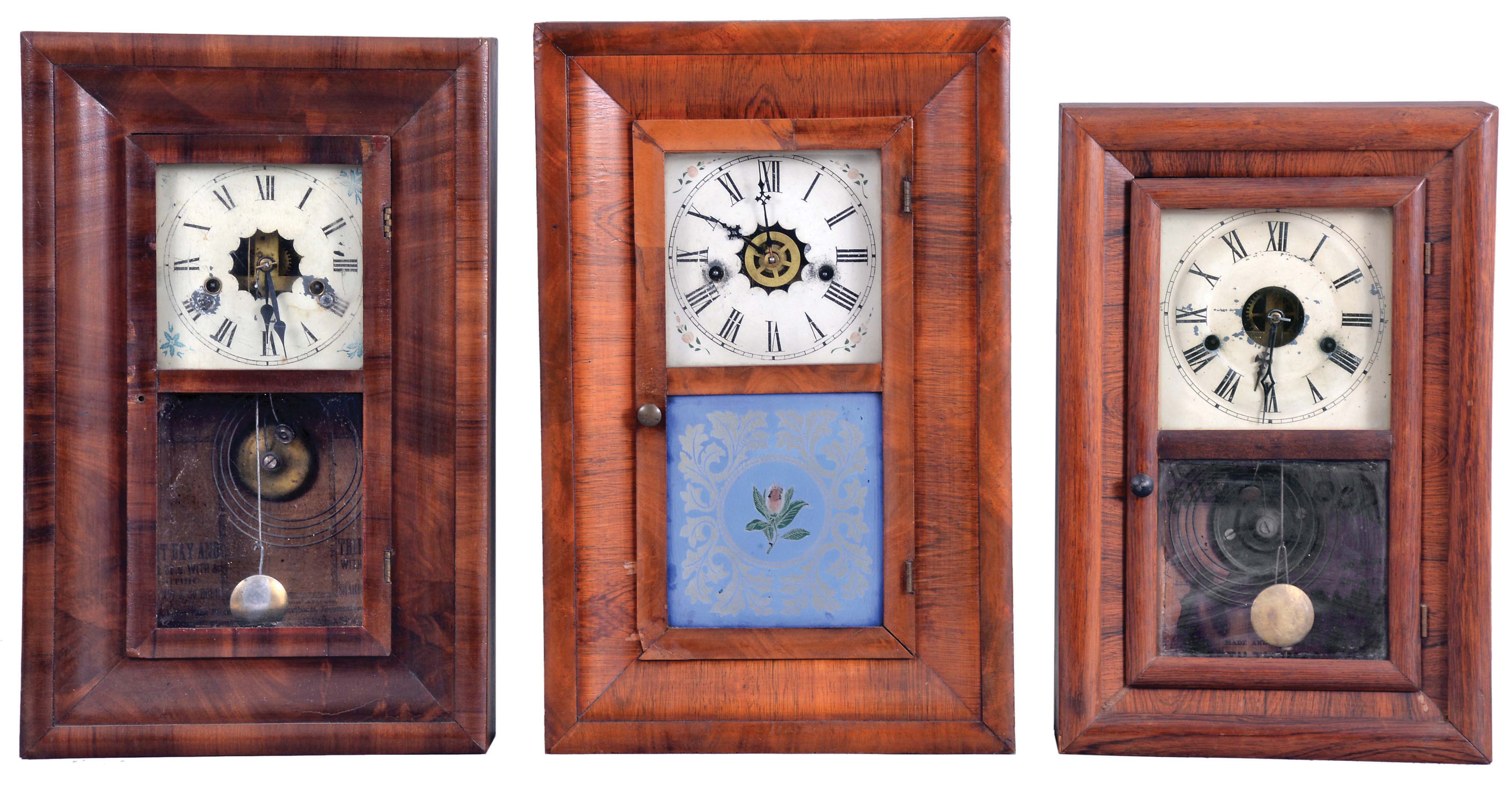 Clocks- 8 (Eight) : (1) Clark, Gilbert &amp; Co.,Bristol, Conn., 30 hour, time and strike, weight brass movement OG shelf clock, c1841; (2) Smith &amp; Brothers, New York, 30 hour, time and strike, weight wood movement OG shelf clock, c1840 (3) Morse &amp; Co., Plymouth Hollow, Conn., 30 hour, time and strike, weight brass movement OG shelf clock, c1855 (4) Hotchkiss &amp; Fields, Burlington, Conn., 30 hour, time and strike, weight brass movement OG shelf clock, c1846 (5) Henry C. Smith, Plymouth, Conn., 30 hour, time and strike, weight wood movement OG shelf clock, c1845 (6) New Haven Clock Co., New Haven, Conn., 30 hour, time and strike, spring brass movement OG shelf clock, c1880 (7) Waterbury Clock Co., Waterbury, Conn., 30 hour, time, strike and alarm spring brass movement OG shelf clock, c1870 (8) Seth Thomas Clock Co., Thomaston, Conn., 30 hour, time and strike, spring brass movement round band shelf clock, c1870 — Antique Clocks Price Guide