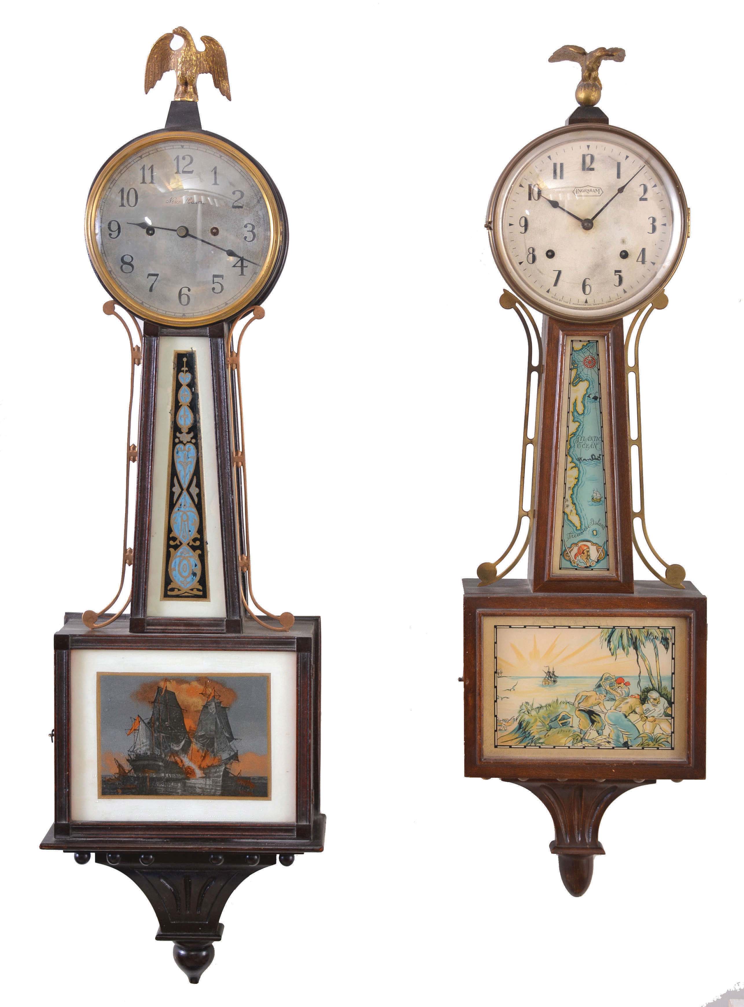 Clocks- 4 Connecticut Banjo: (1) E. Ingraham &amp; Co., Bristol, Conn., "Treasure" banjo clock, 8 day, time and strike, spring driven in a mahogany case, c.1930; (2) New Haven Clock Co., New Haven, Conn., "Willard" banjo timepiece, 30 day, time only, spring driven in a mahogany case, c1915; (3) New Haven Clock Co., New Haven, Conn., "Waring" banjo clock, 8 day, time and strike, spring driven in a mahogany finish case, c1925; (4) New Haven Clock Co., New Haven, Conn., "Waring" banjo timepiece, 8 day, time only, spring driven in a mahogany finish case, c1925. — Antique Clocks Price Guide