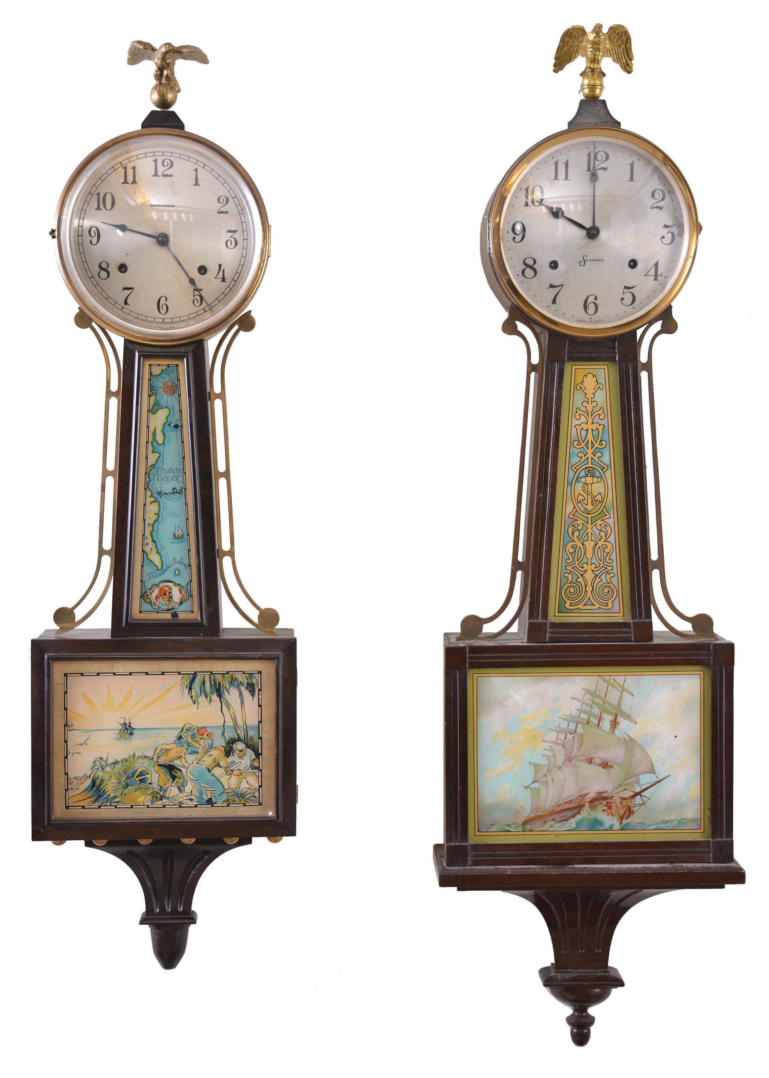Clocks- 4 Connecticut Banjo: (1) E. Ingraham &amp; Co., Bristol, Conn., "Treasure" banjo clock, 8 day, time and strike, spring driven in a mahogany finish case, c1930; (2) New Haven Clock Co., New Haven, Conn., "Waring" banjo clock, 8 day, time and strike, spring driven in a mahogany finish case, c1925; (3) E. Ingraham &amp; Co., Bristol, Conn., "Nyanza" banjo clock, 8 day, time and strike, spring driven in a mahogany case, c1920; (4) Sessions Clock Co.,Forestville, Conn., "Salem" banjo clock, 8 day, time and strike, spring driven in a mahogany case, c.1927 — Antique Clocks Price Guide
