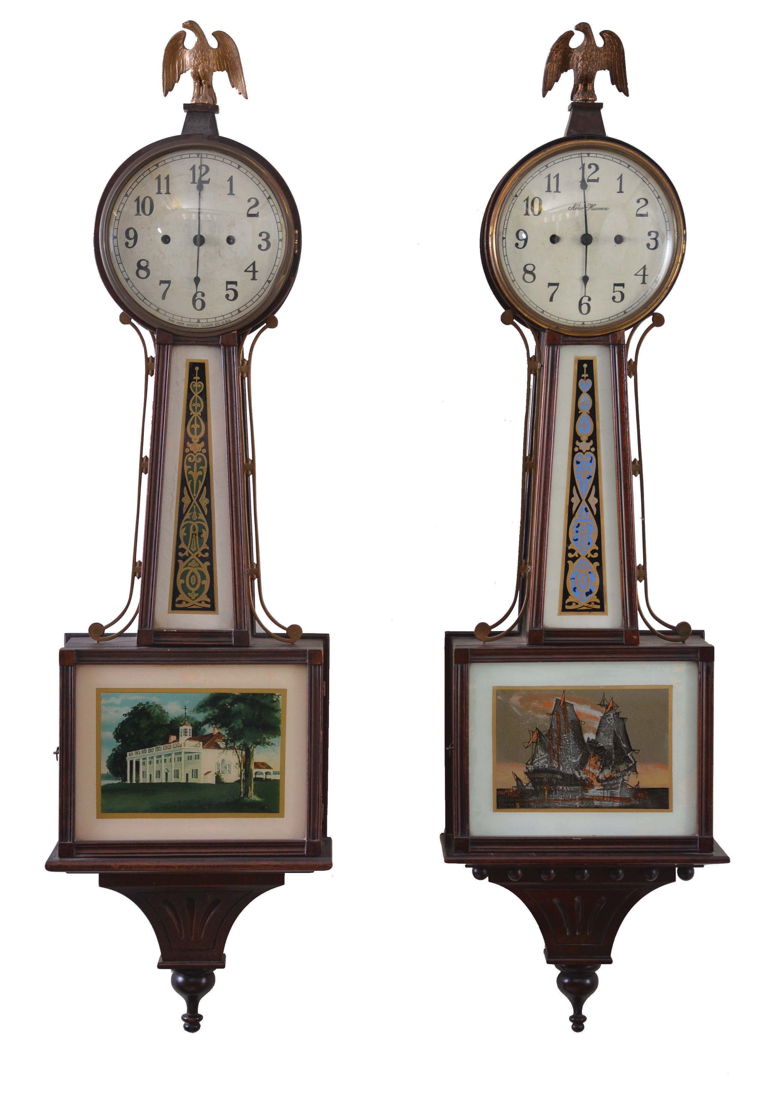 Clocks- 5 Connecticut Banjo: (1) New Haven Clock Co., New Haven, Conn., "Willard" banjo clock,30 day, time only, spring driven in a mahogany case, c1915; (2) New Haven Clock Co., New Haven, Conn., "Willard" banjo clock, 30 day, time only, spring driven in a mahogany case, c1915; (3) E. Ingraham &amp; Co., Bristol, Conn., "Nyanza" banjo clock, 8 day, time only, spring driven in a mahogany finish case, c1915; (4) E. Ingraham &amp; Co., Bristol, Conn., "Nile" banjo clock, 8 day, time and strike, spring driven in a mahogany finish case, c1920; (5) Sessions Clock Co.,Forestville, Conn., "Salem" banjo clock, 8 day, time only, spring driven in a mahogany case, c1927. — Antique Clocks Price Guide
