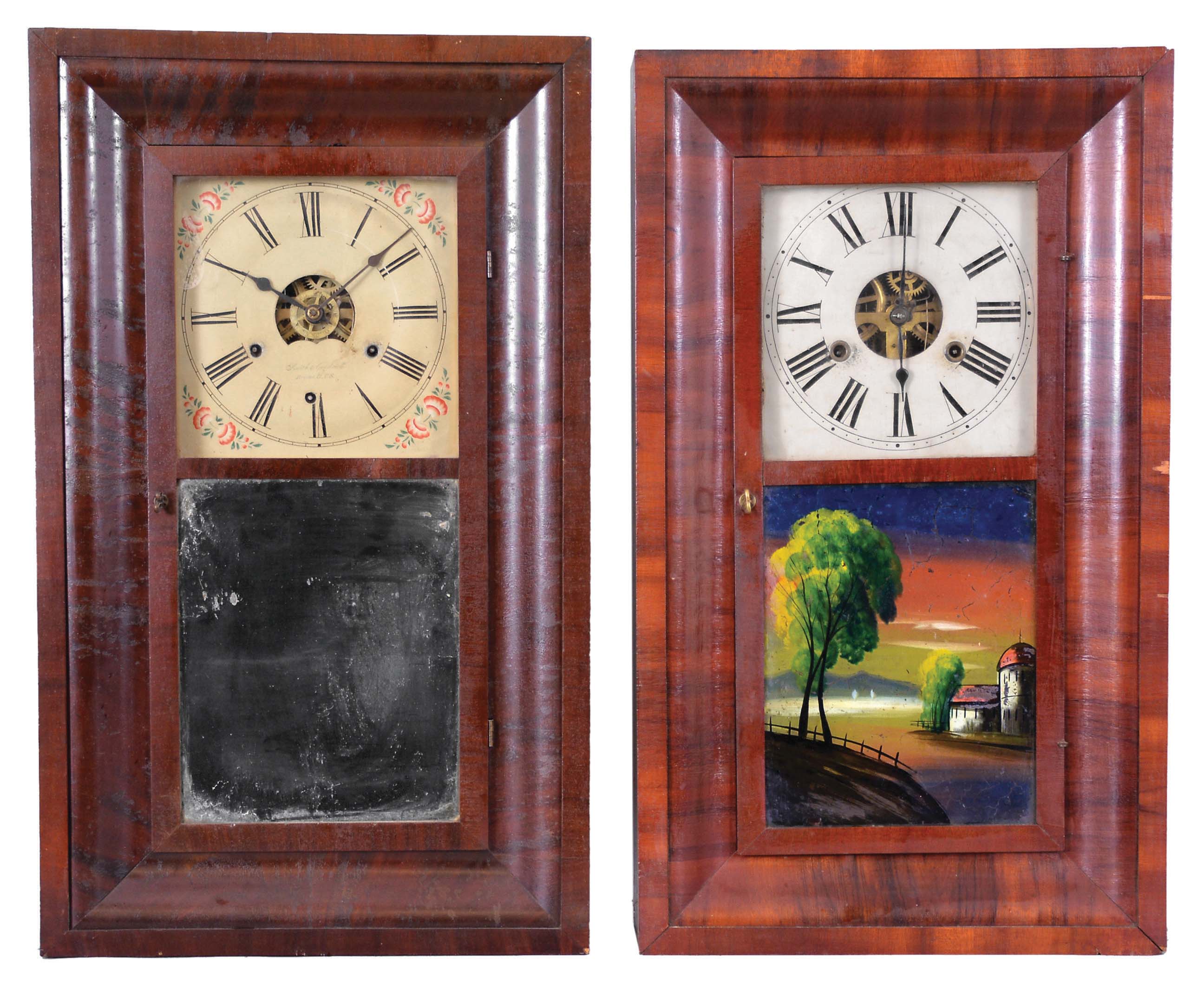 Clocks- 5 (Five) Ogee Clocks: three 30 hour, spring driven, time and strike miniature ogee mantel clocks, one with alarm, in rosewood veneer cases, two by Ansonia Brass Co., Ansonia, Conn., c1860 and one by Seth Thomas. Two 30 hour, weight driven, time and strike ogee clocks, one with alarm, in rosewood veneer cases, by George Marsh, Winchester, CT c1850 and Smith &amp; Goodrich, Bristol, Conn., c1850. — Antique Clocks Price Guide