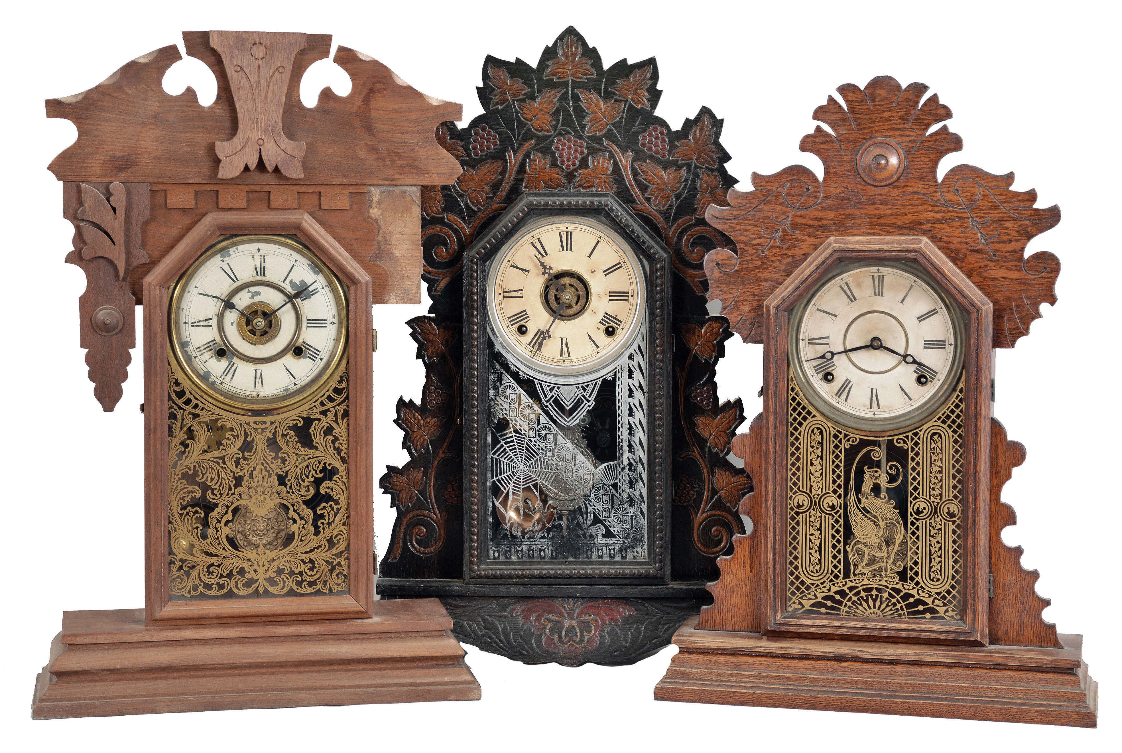 Clocks- 3 (Three): (1) New Haven Clock Co., New Haven, Conn., 8 day, time, strike and alarm shelf or kitchen clock, c1890 (2) William L. Gilbert Clock Co., Winsted, Conn., "Pattern No. 53", 8 day, time, strike and alarm spring brass movement shelf or kitchen clock, c1913 (3) E. Ingraham &amp; Co., Bristol, Conn., "Lilac", 8 day, time and strike, spring brass movement shelf or kitchen clock, c1896 — Antique Clocks Price Guide