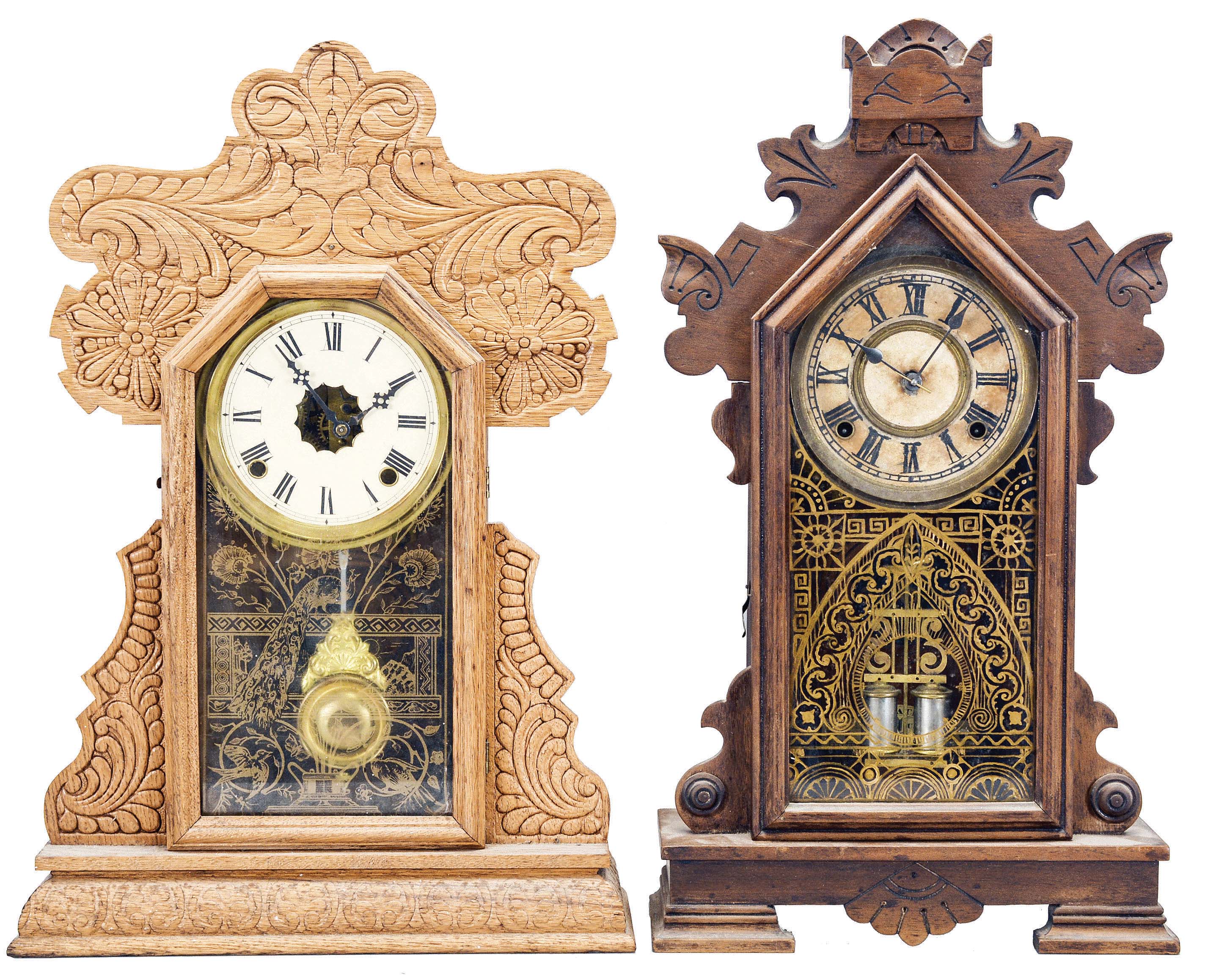 Clocks- 4 (Four): (1) Seth Thomas Clock Co., Thomaston, Conn., "College New York" shelf clock with a spring driven, 8 day, time and half hour strike movement in a walnut case, c1898; (2) E. N. Welch Mfg. Co., Forestville, Conn., "Donita" shelf clock with a spring driven, 8 day, time and half hour strike movement in a black walnut case, c1892; (3) E. N. Welch Mfg., Co., Forestville, Conn., unidentified shelf clock with a spring driven, 8 day, time and hour strike movement in an oak case, c1900. (4) Ansonia Clock Co., New York, unidentified shelf clock with a spring 8 day, time and half hour strike movement in a walnut case, c1900. — Antique Clocks Price Guide