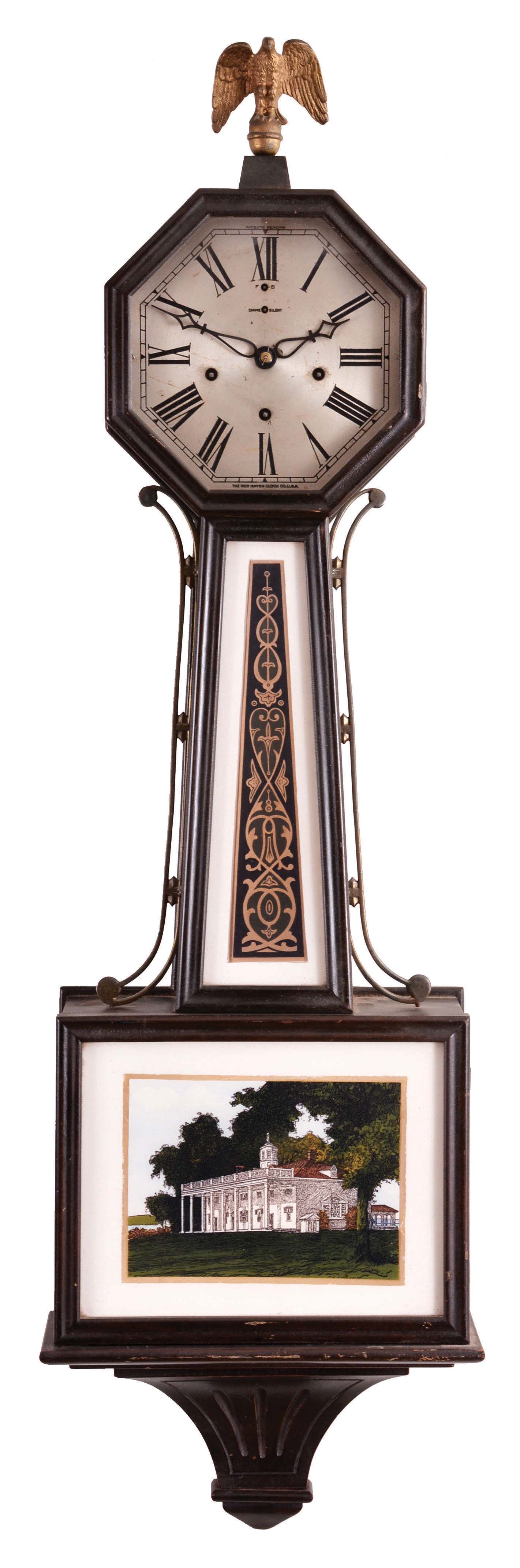 Clocks- 3 (Three): (1) New Haven Clock Co., New Haven, Conn., "Washington", 8 day, time, strike and Westminster chime spring brass movement patent or banjo clock, c1923 (2) William L. Gilbert Clock Co., Winsted, Conn., "Thespian", 8 day, time and strike, spring brass movement wall clock, c1910 (3) Ansonia Clock Co., New York, "Reflector", 8 day, time and strike, spring brass movement wall clock, c1886 — Antique Clocks Price Guide