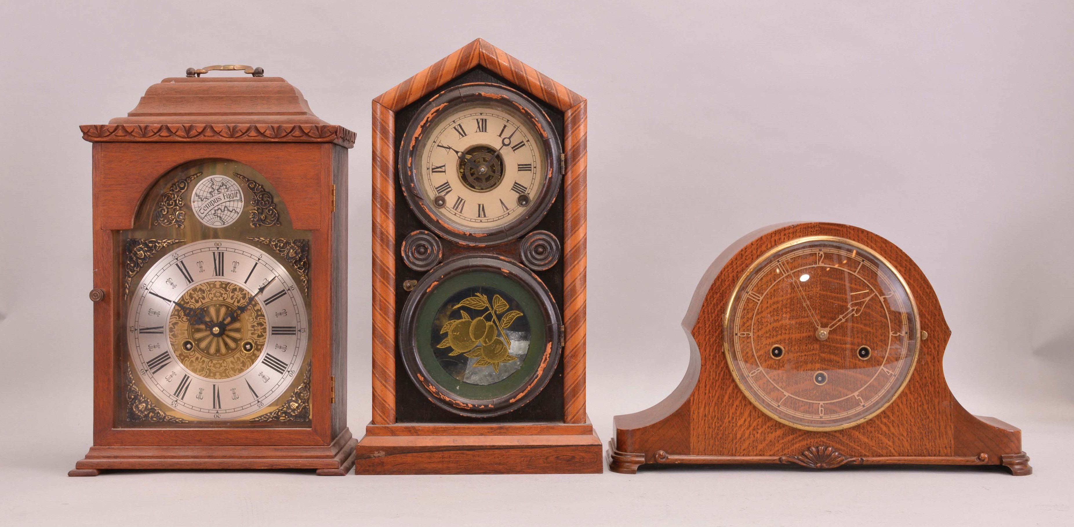 Clocks- 3 (Three): (1) E. Ingraham &amp; Co., Bristol, Conn., "Doric Mosaic", 8 day, time, strike and alarm spring brass movement shelf clock, c1880 (2) Mason &amp; Sullivan, Yarmouth, Mass., 8 day, time and strike, spring brass lever movement bracket clock, c1978 (3) Smiths English Clocks Ltd, London, England, 8 day, time, strike and Westminster chime tambour case mantel clock, c1931. — Antique Clocks Price Guide
