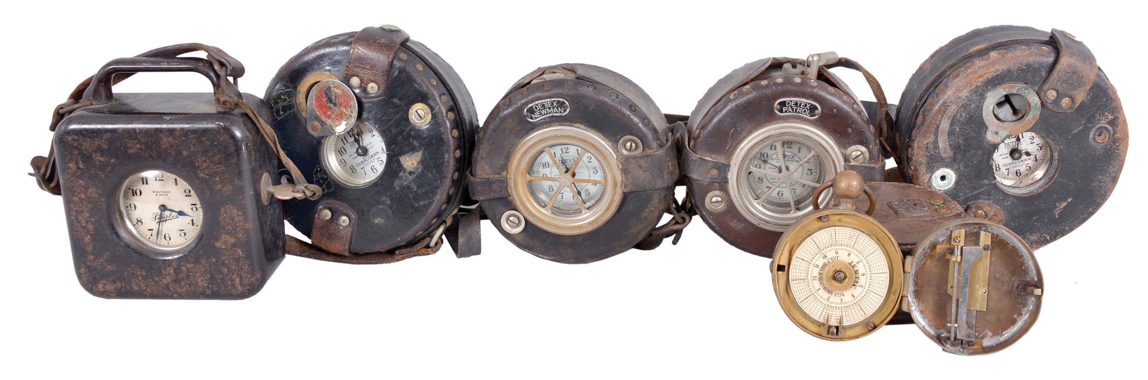 Clocks- 6 (Six) Watchman's Clocks: lot includes four Detex watchman's clocks including Detex "Newman", and "Patrol "; Waltham 8 day for Simplex; older brass model by E. Imhauser of New York, patented in 1876. — Antique Clocks Price Guide