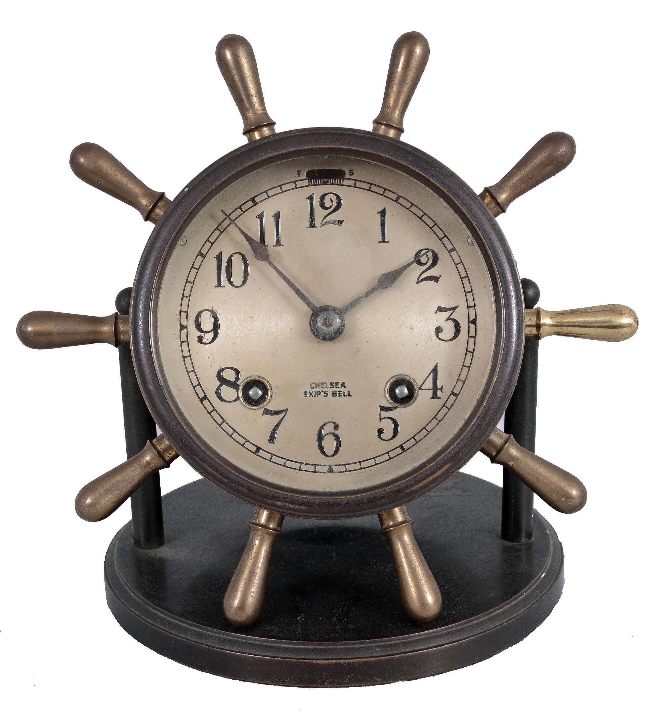 Chelsea Clock Co., Boston, Mass., "Vanderbilt" yacht wheel clock, 8 day, time and ship's bells, spring-driven balance wheel movement in a case with bronze finish and hinged bezel, serial number 509775. — Antique Clocks Price Guide