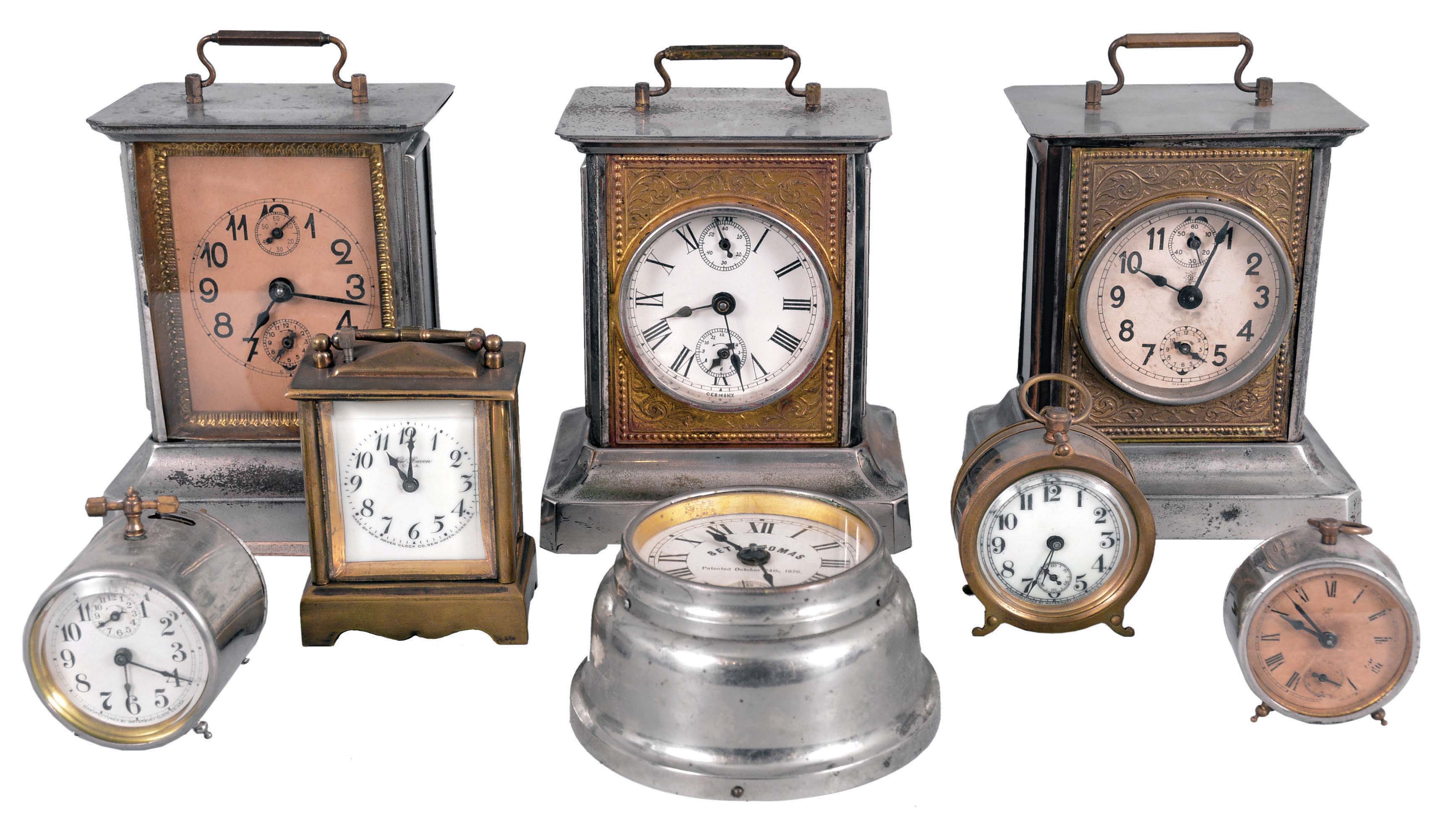 Clocks- 8 (Eight) Novelty and Musical Alarm Clocks: Clocks include models by Seth Thomas, New Haven, Waterbury, Sprague &amp; Co., and Junghans. Standouts include a Waterbury "Hornet" 30 hour novelty timepiece and a small repeating "Kenwick" carriage clock by New Haven. — Antique Clocks Price Guide