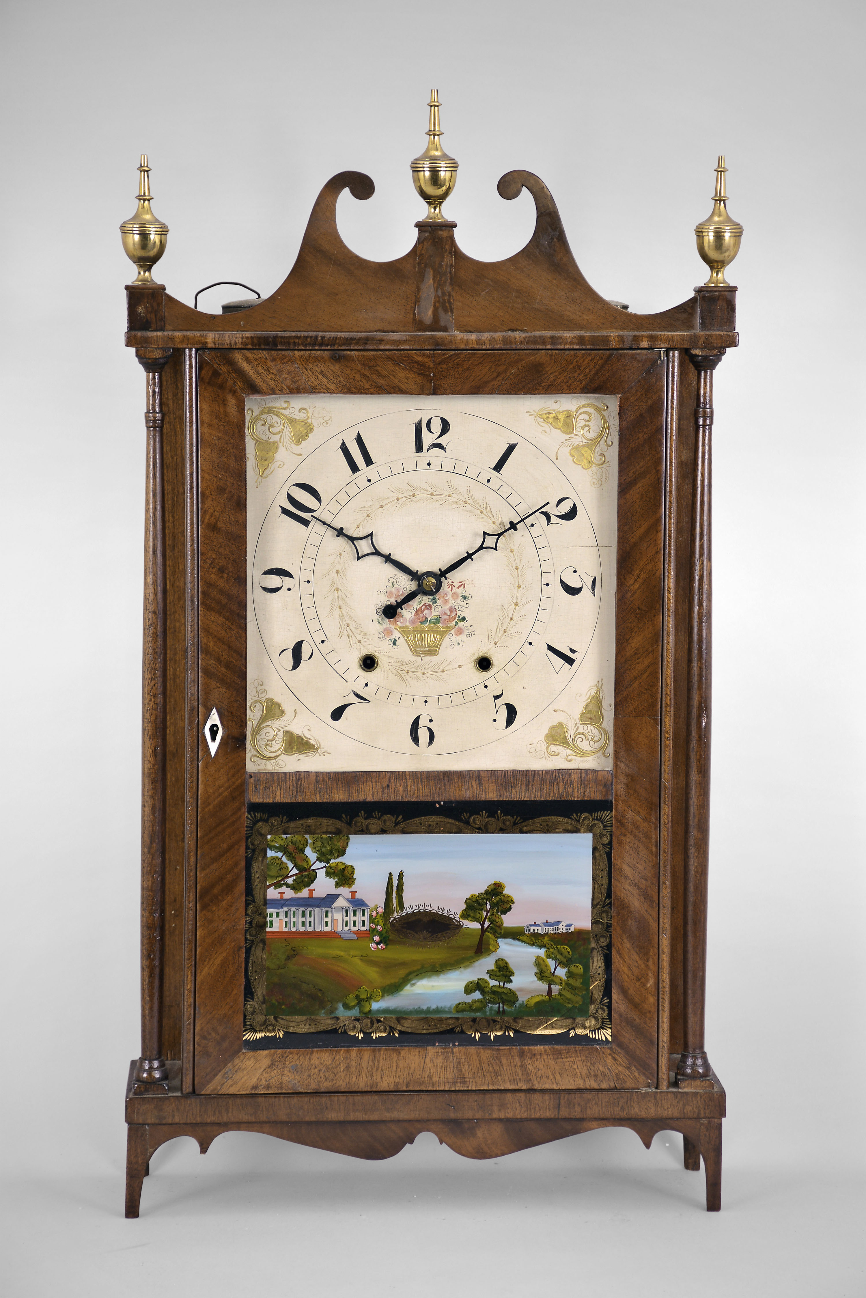 Wadsworth, Lounsbury &amp; Turner, Litchfield, Conn., 30 hour, time and strike weight wood movement pillar &amp; scroll shelf clock with a Riley Whiting label. — Antique Clocks Price Guide